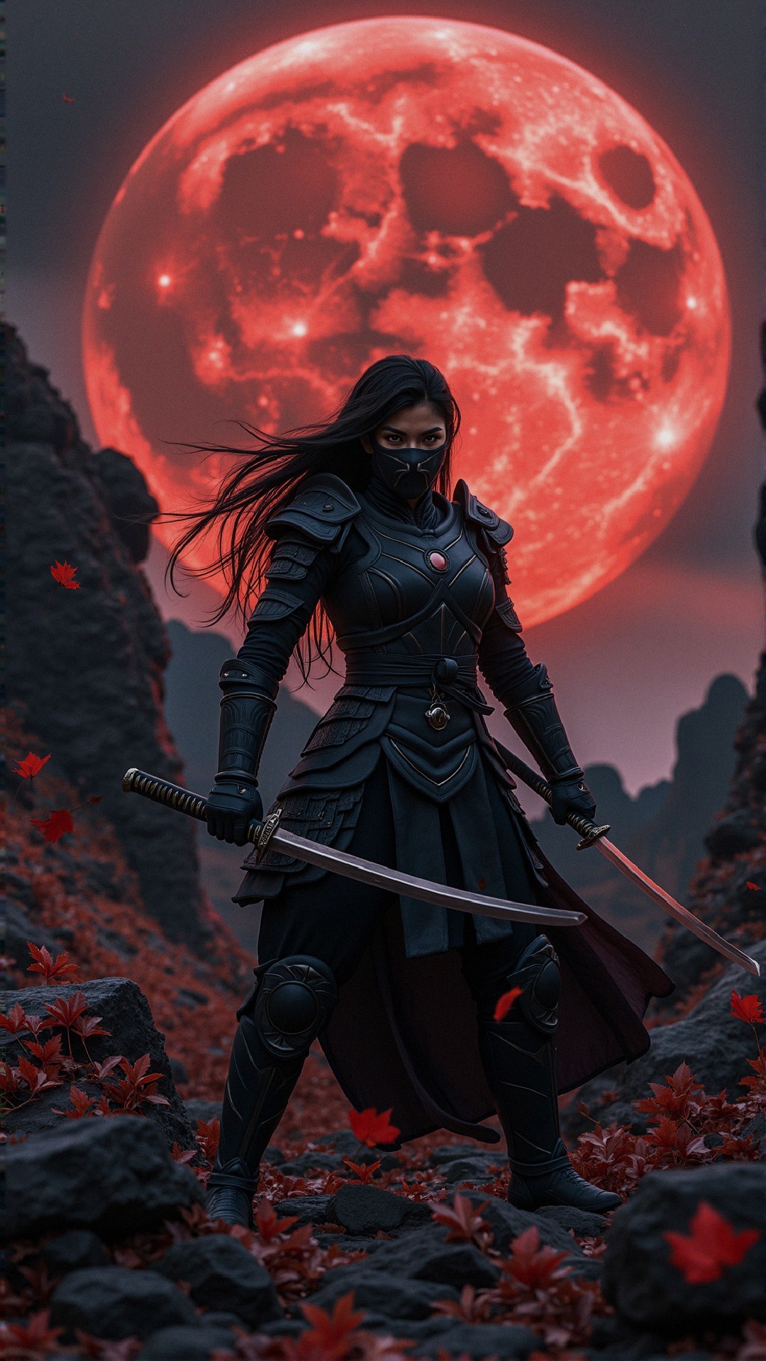 Warrior in Black Armor Against Blood-Red Moon
