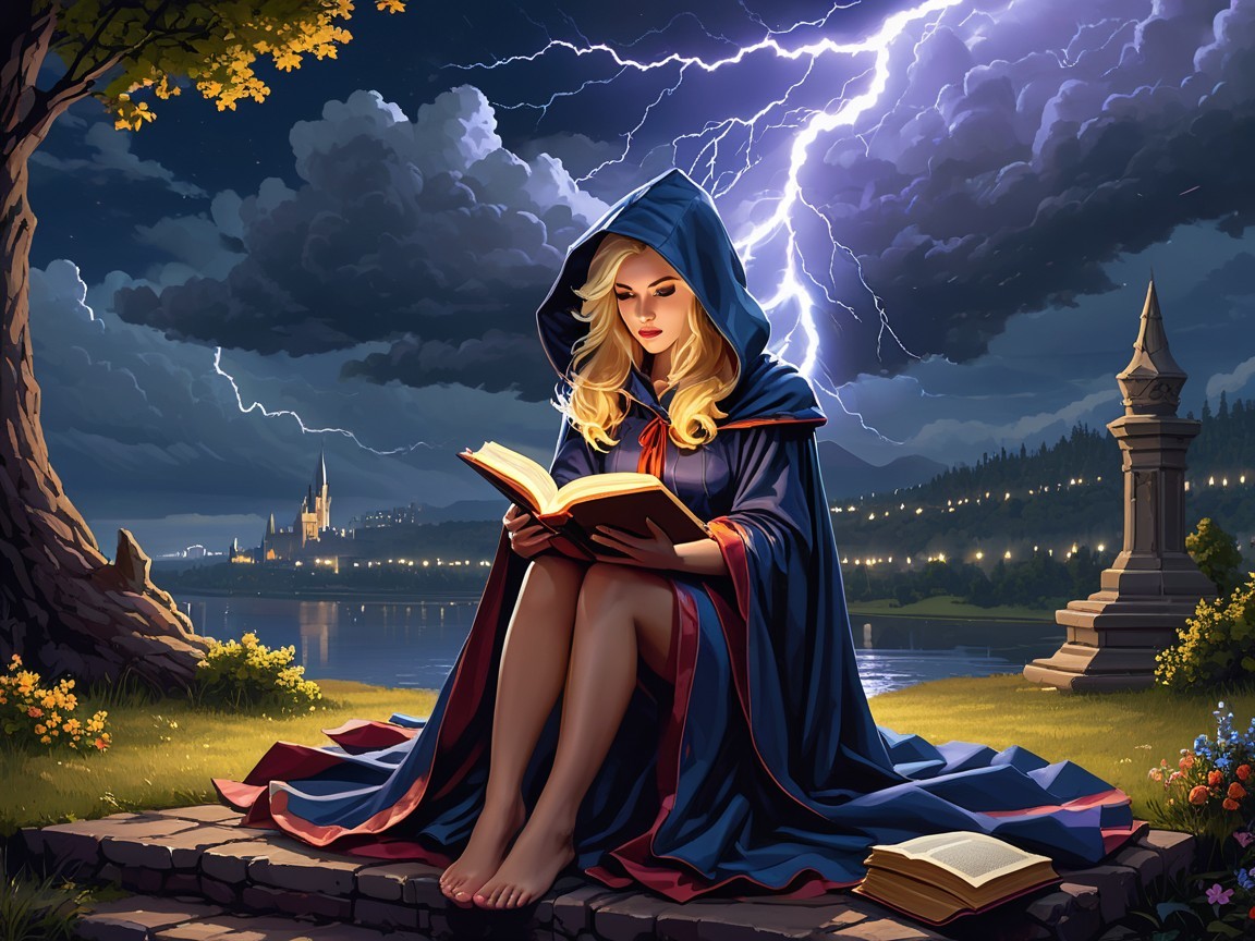 Serene figure reading by a lake during a storm