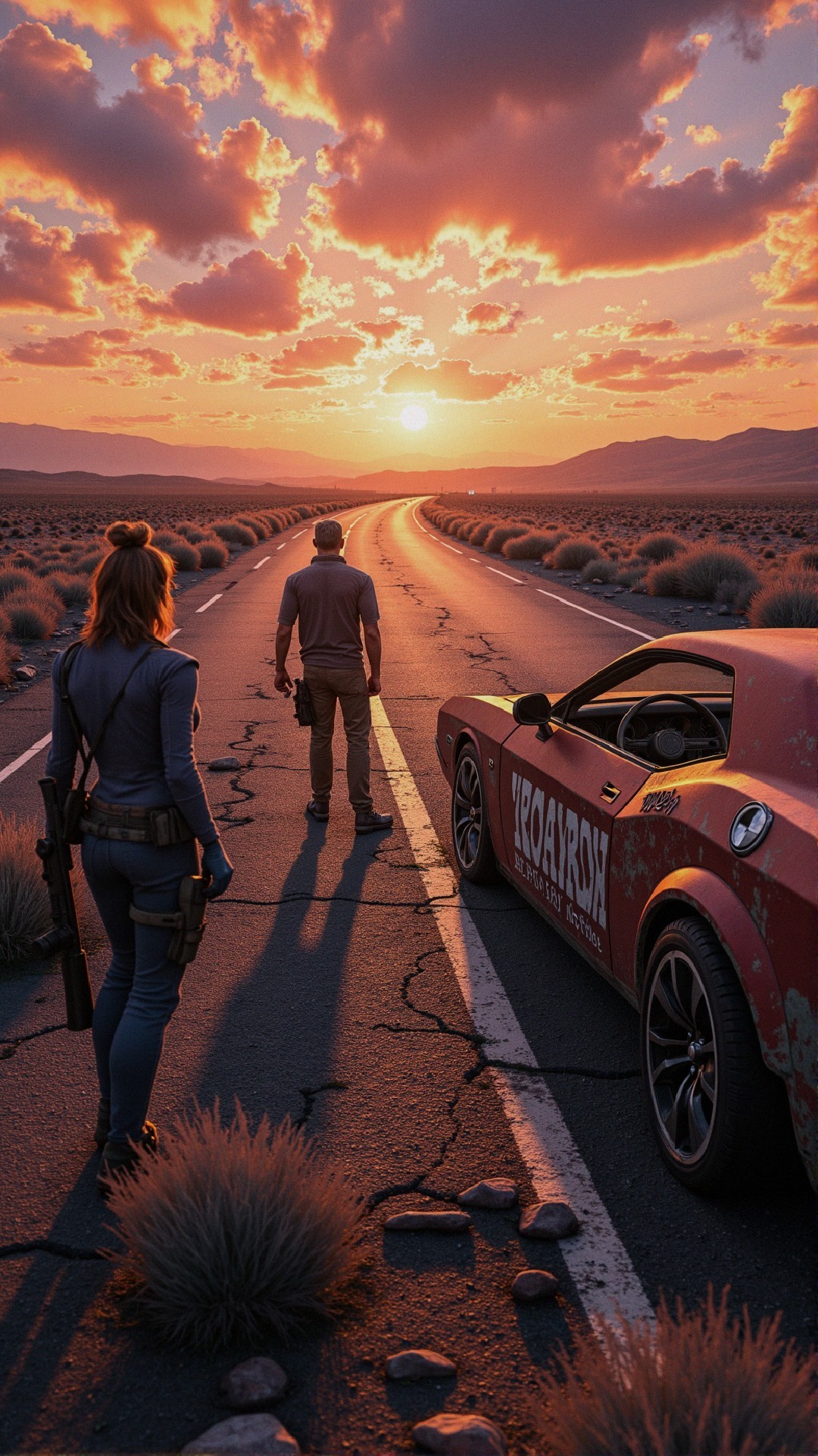 Desolate Landscape with Figures and Vibrant Sunset