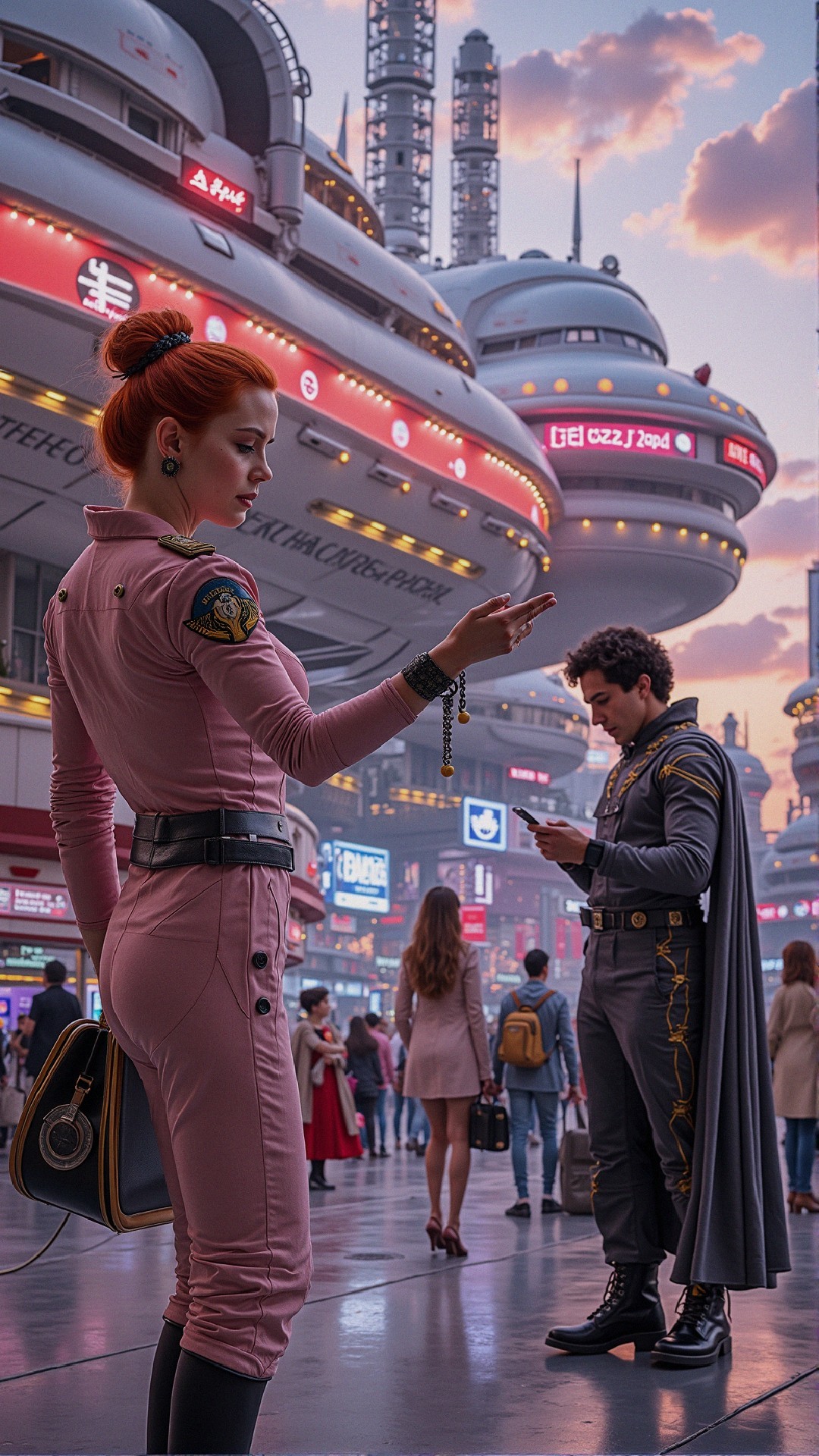 Futuristic cityscape with characters in vibrant attire