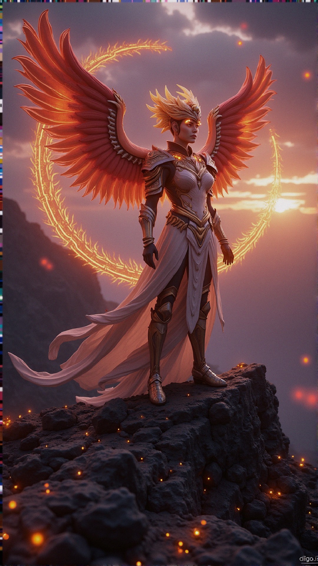 Majestic figure in ornate armor with golden wings at sunset