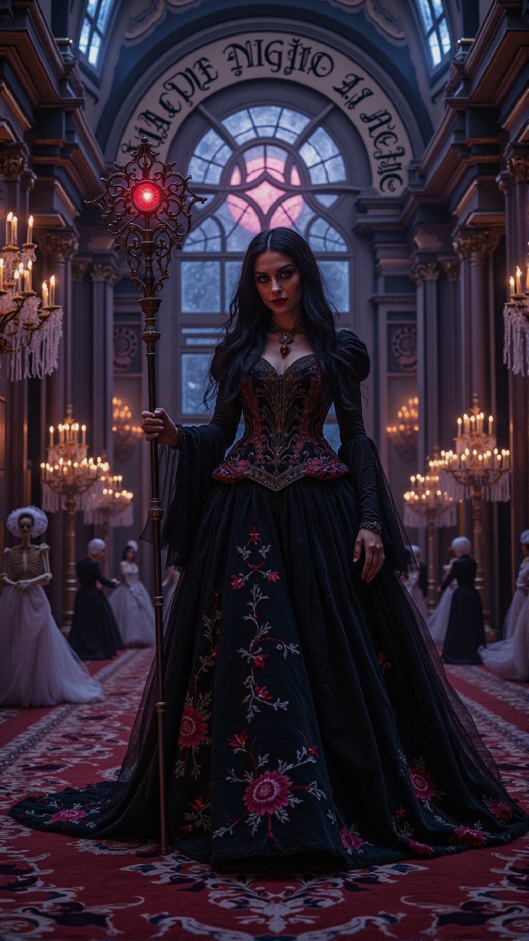 Opulent ballroom with a figure in a black gown