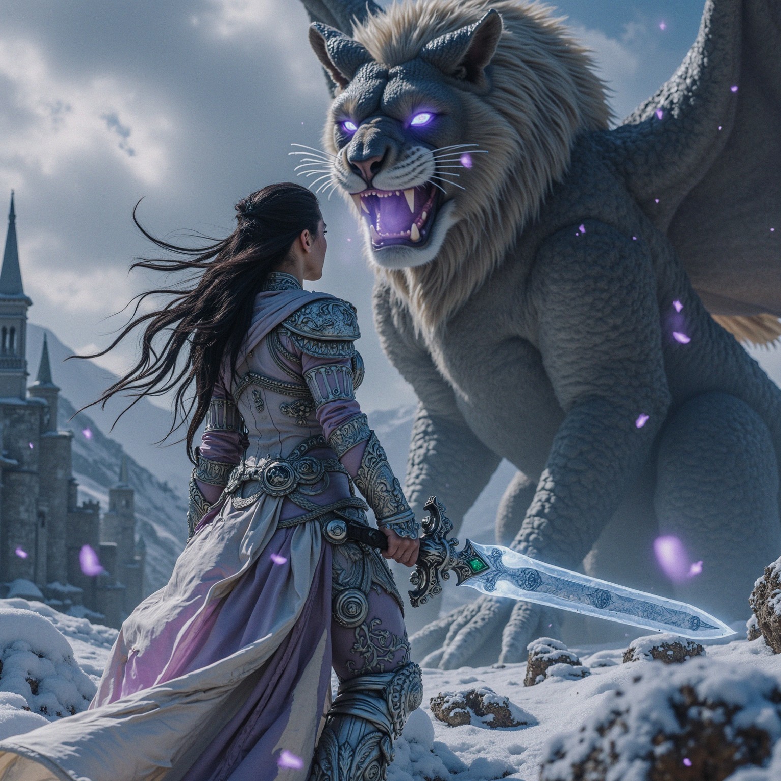 Warrior in Silver Armor Faces Mythical Lion Creature