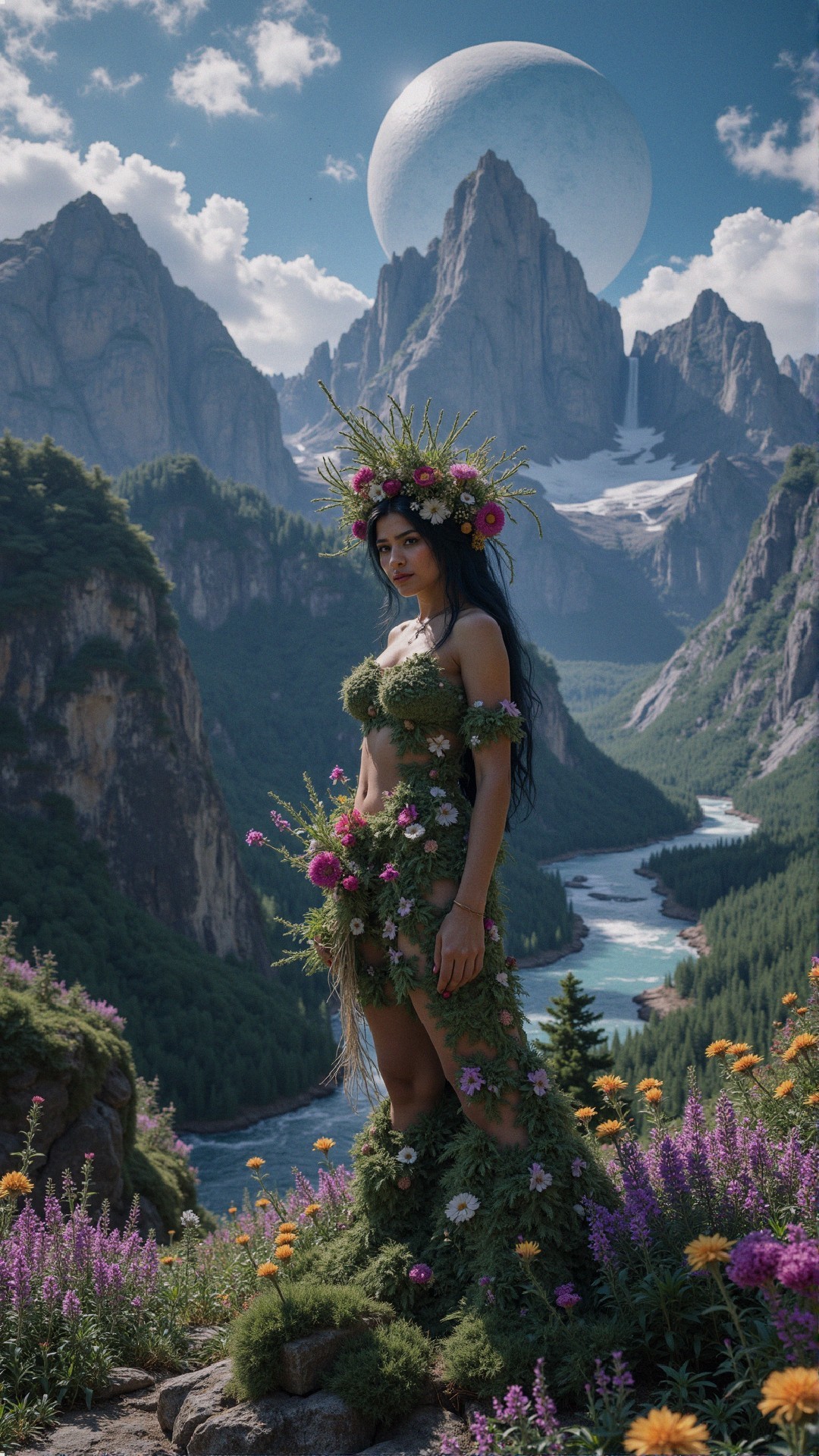 Woman in Nature Surrounded by Mountains and Flowers