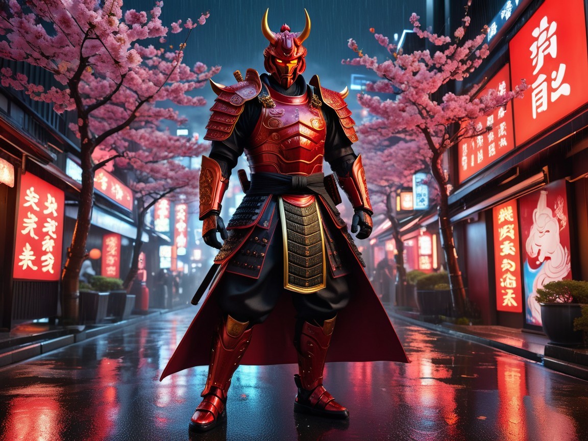 Samurai Warrior in Rainy Street with Lanterns and Blossoms