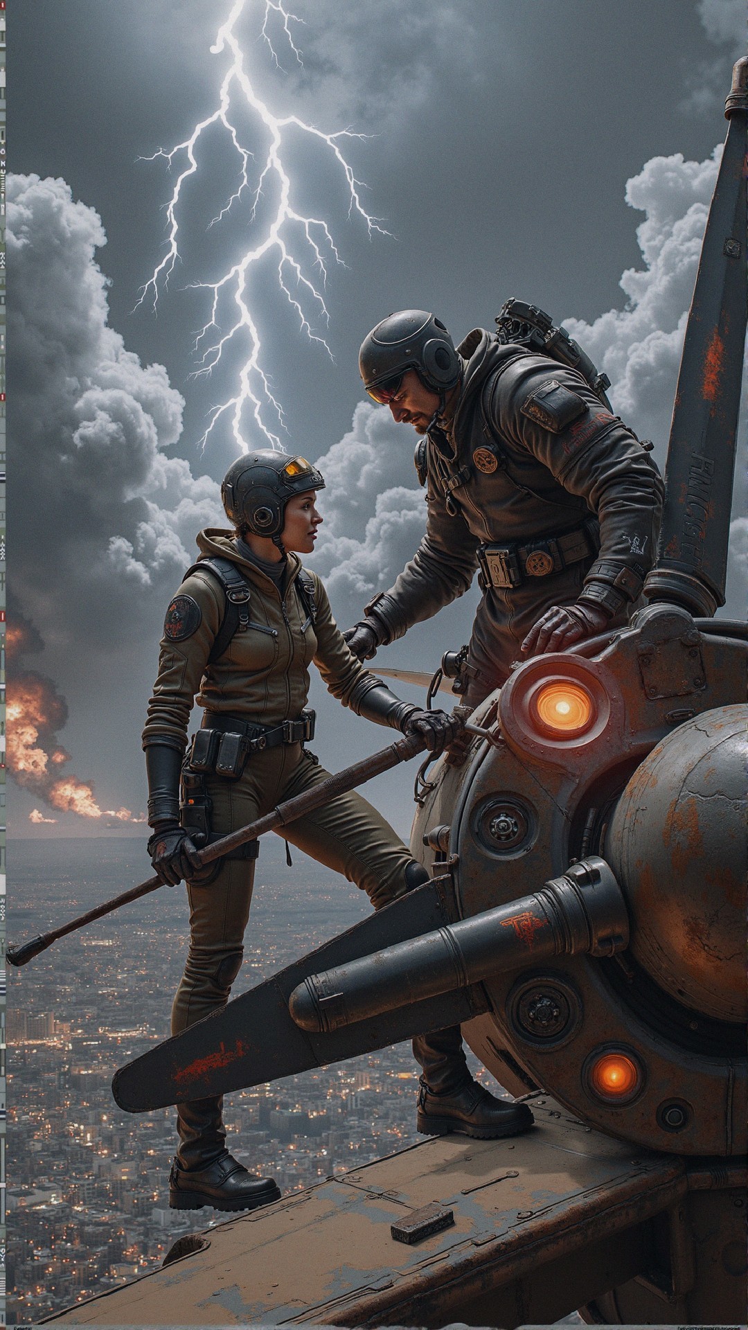 Dramatic Stormy Landscape with Futuristic Aircraft and Figures