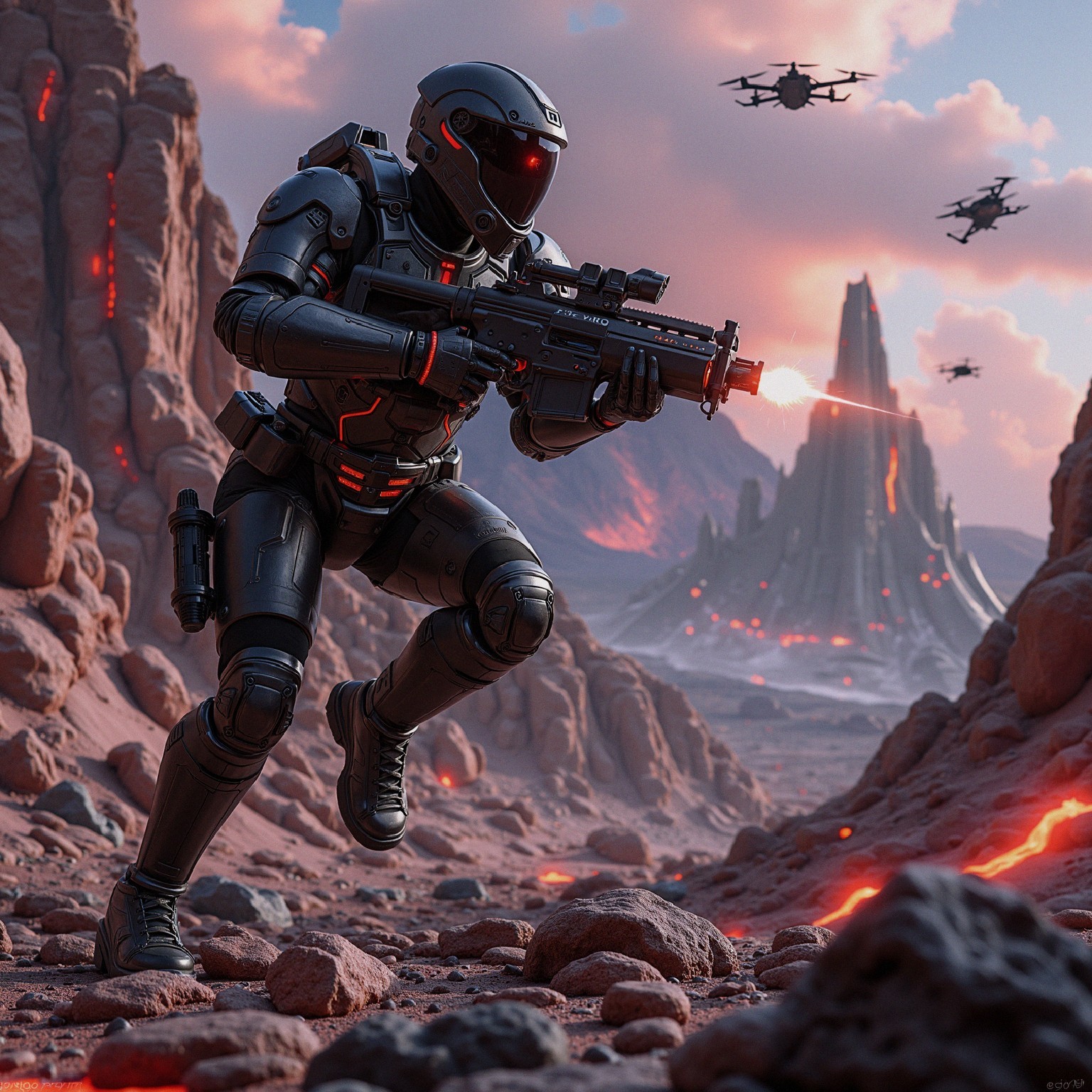 Futuristic soldier in black armor in volcanic landscape