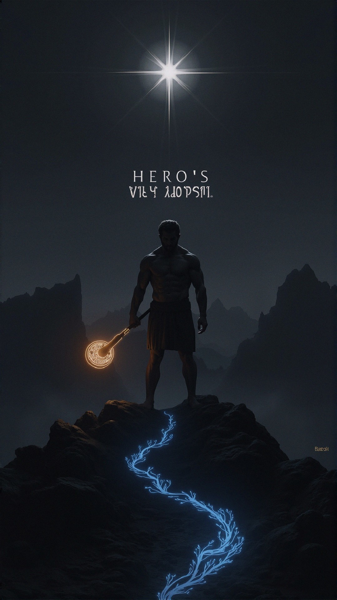 Muscular Hero in Mystical Landscape with Glowing Weapon