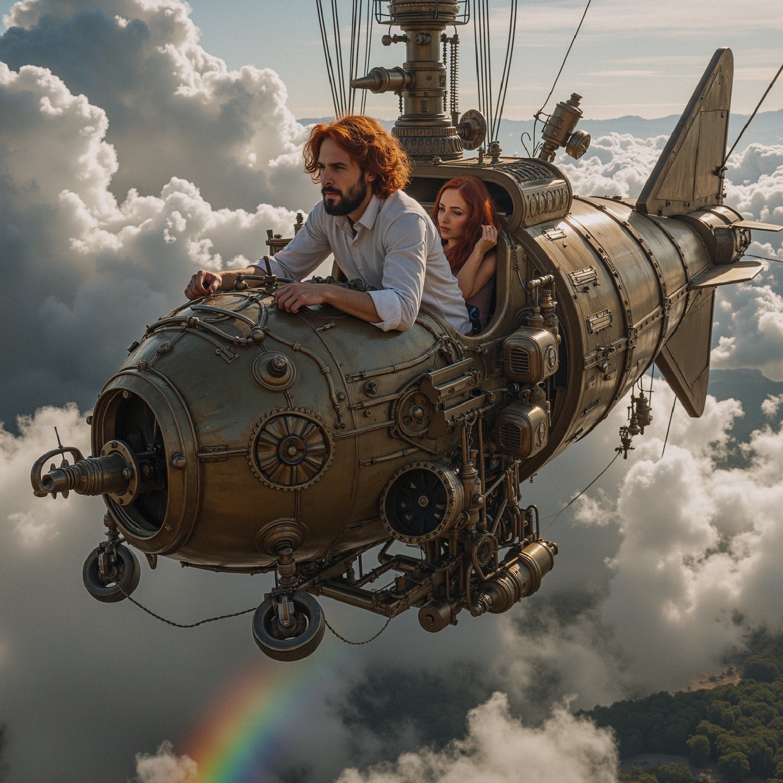 Steampunk Airship in Fluffy Clouds with Captivating View