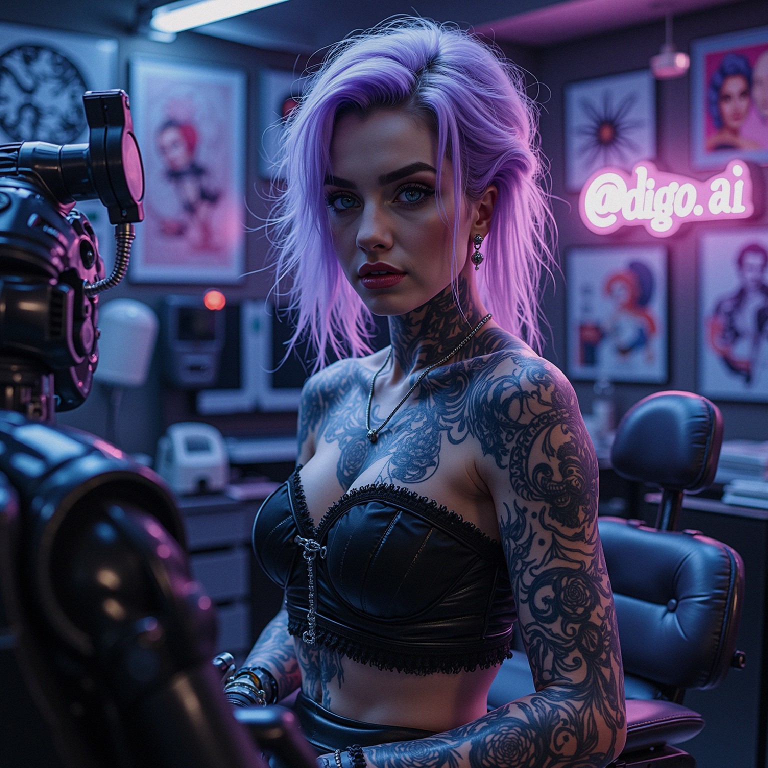Tattoo Studio with Woman in Black Leather Top