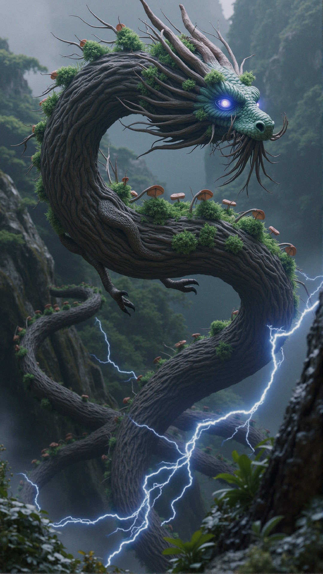 Colossal Serpentine Creature in Misty Mountain Landscape