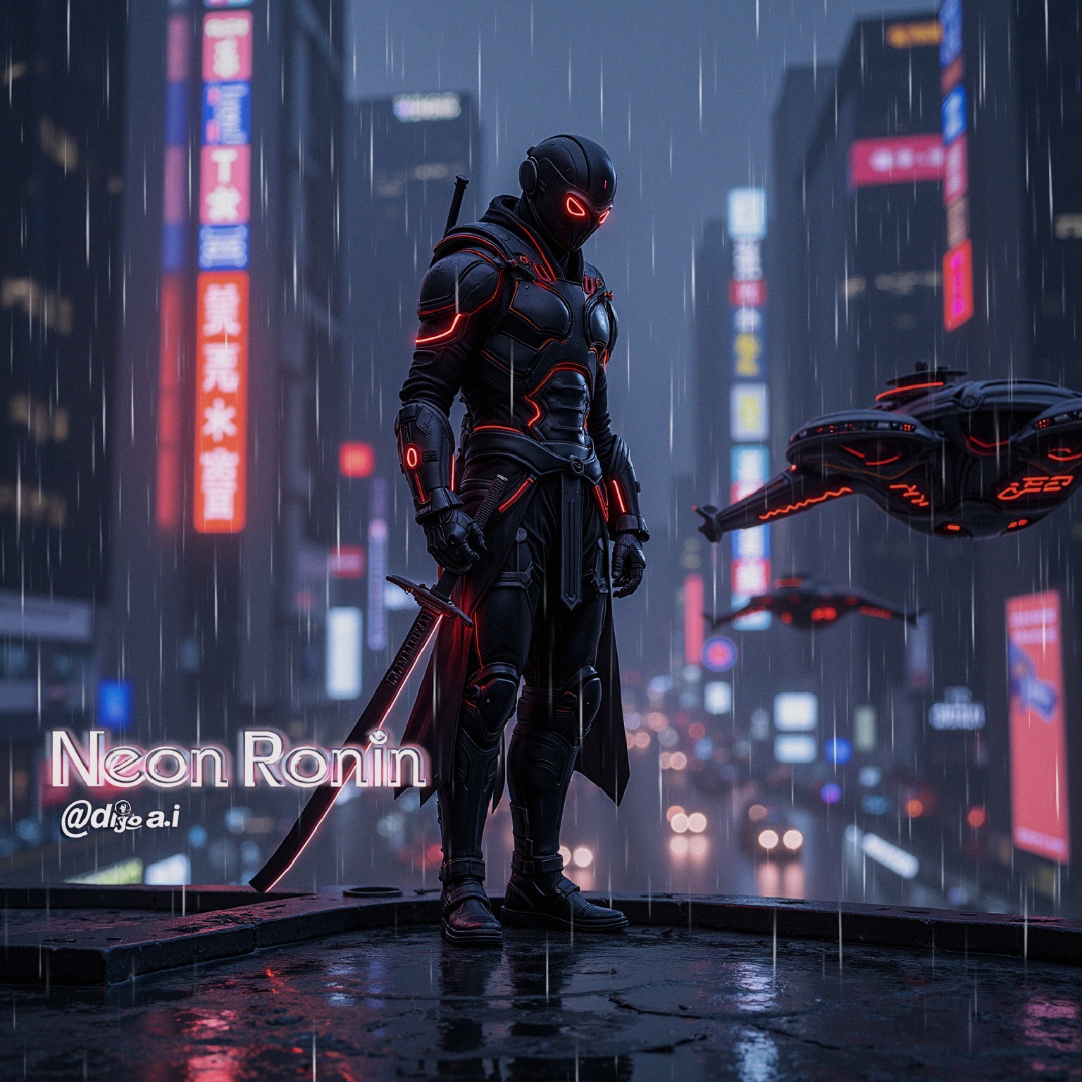 Cyberpunk City Rooftop Scene with Neon Armor and Drone