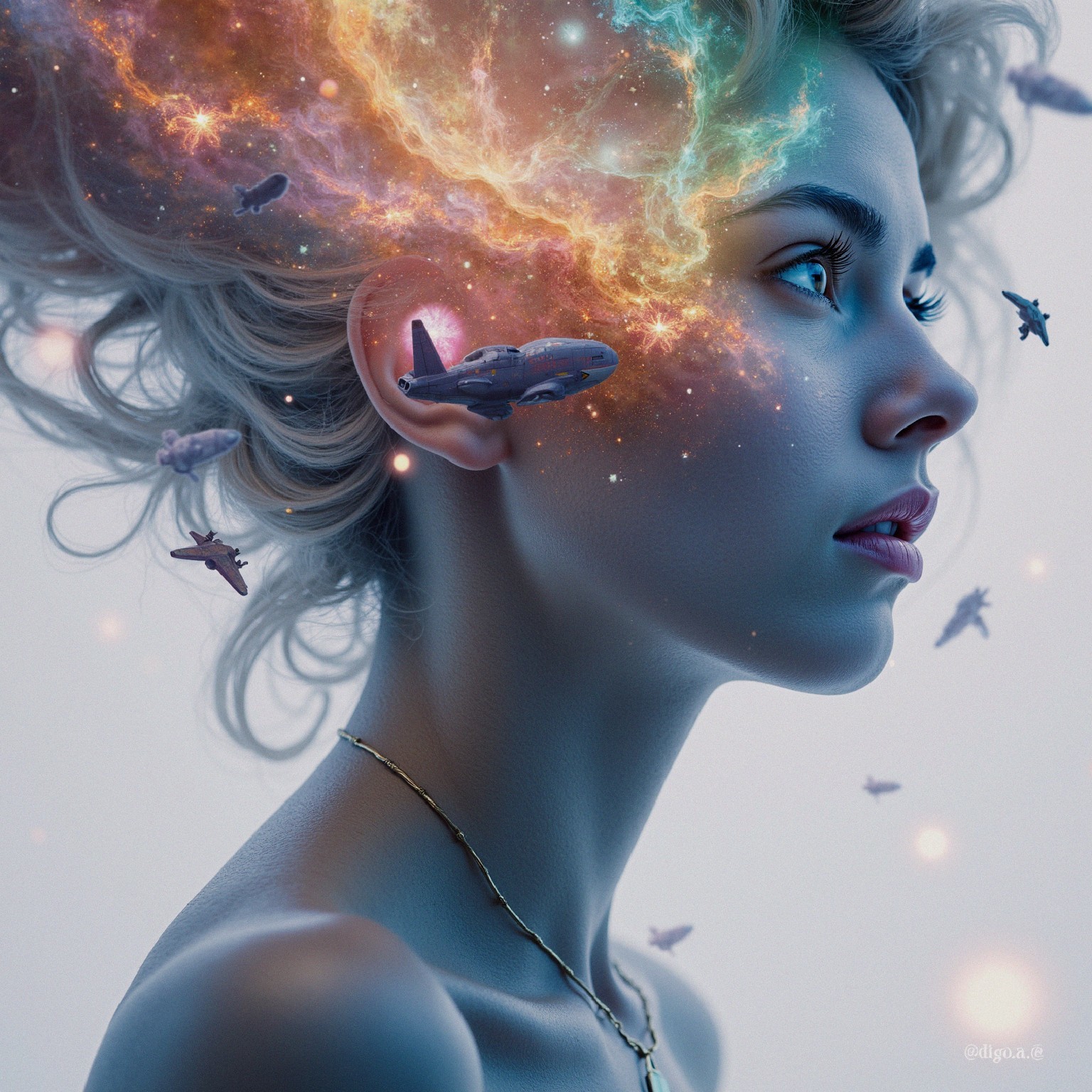 Surreal Artwork of Woman with Cosmic Hair Transformation