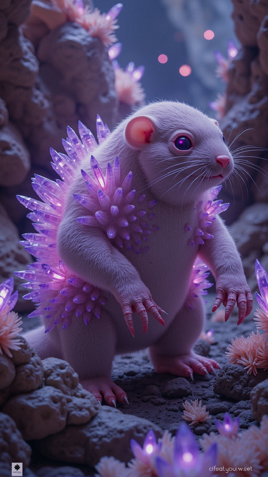 Whimsical Rodent-Like Creature in Magical Cave Setting