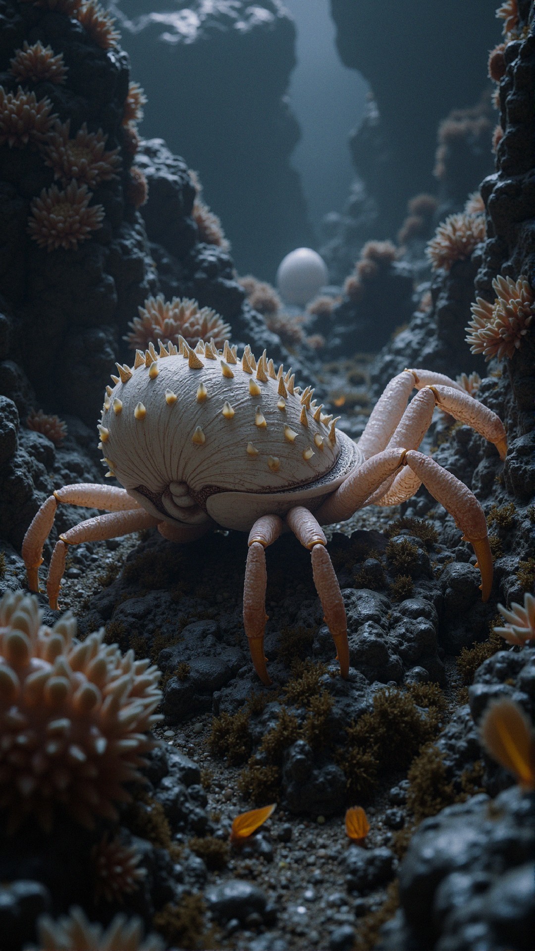 Surreal Underwater Scene with Spiky Crab and Coral