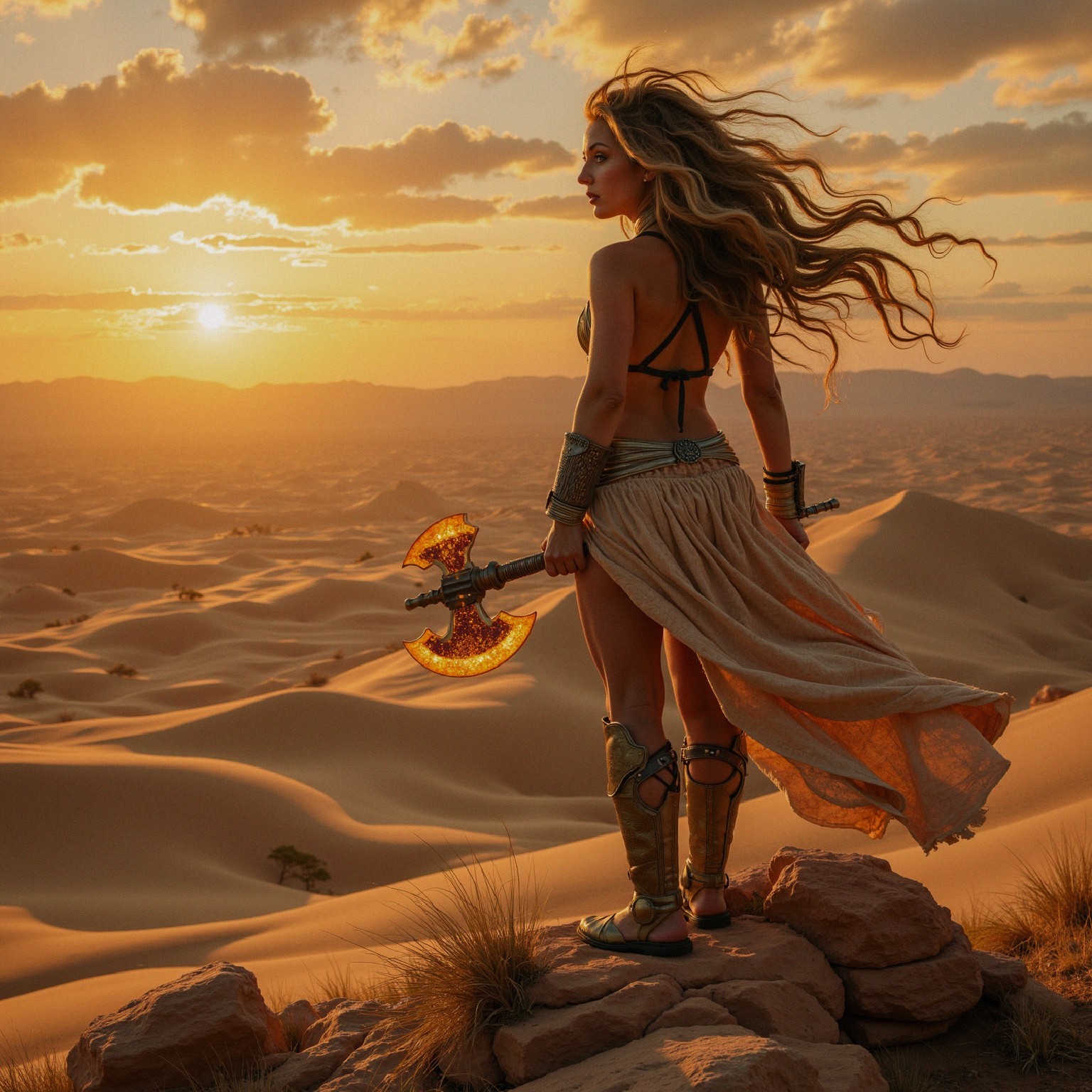 Warrior on Ledge Overlooking Sunset and Sand Dunes