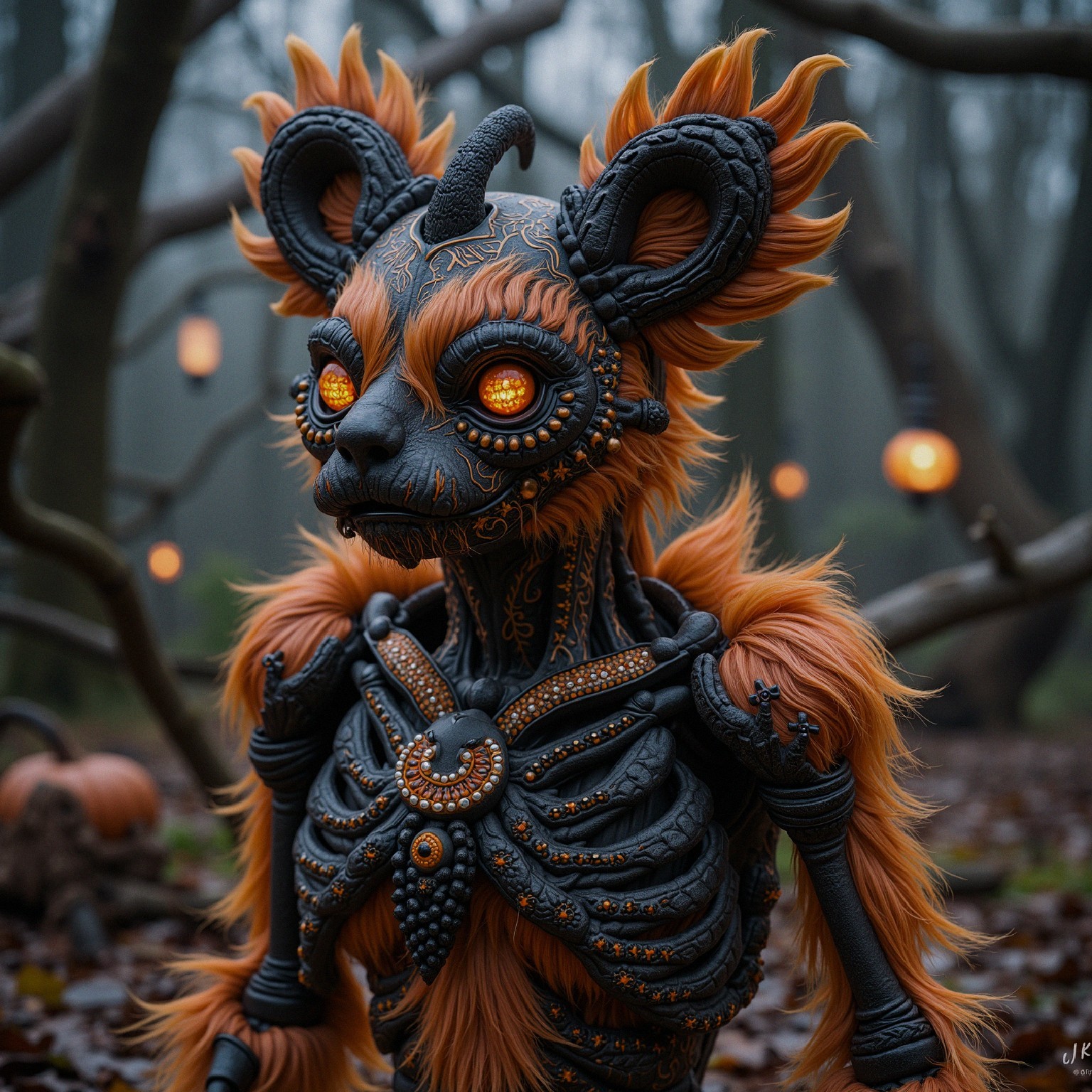 Mystical creature in foggy forest with glowing lanterns