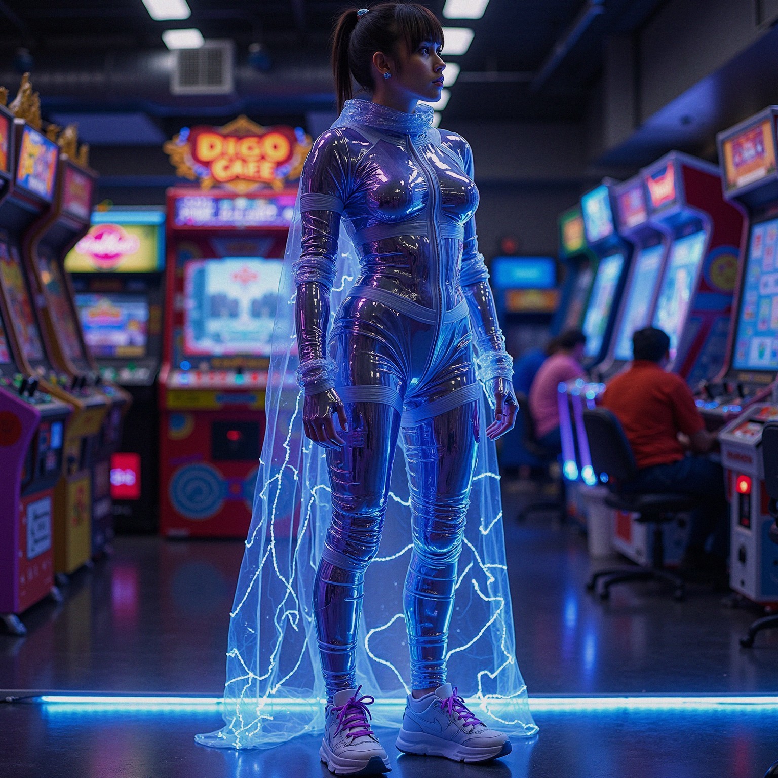 Futuristic Figure in Neon Arcade with Reflective Outfit
