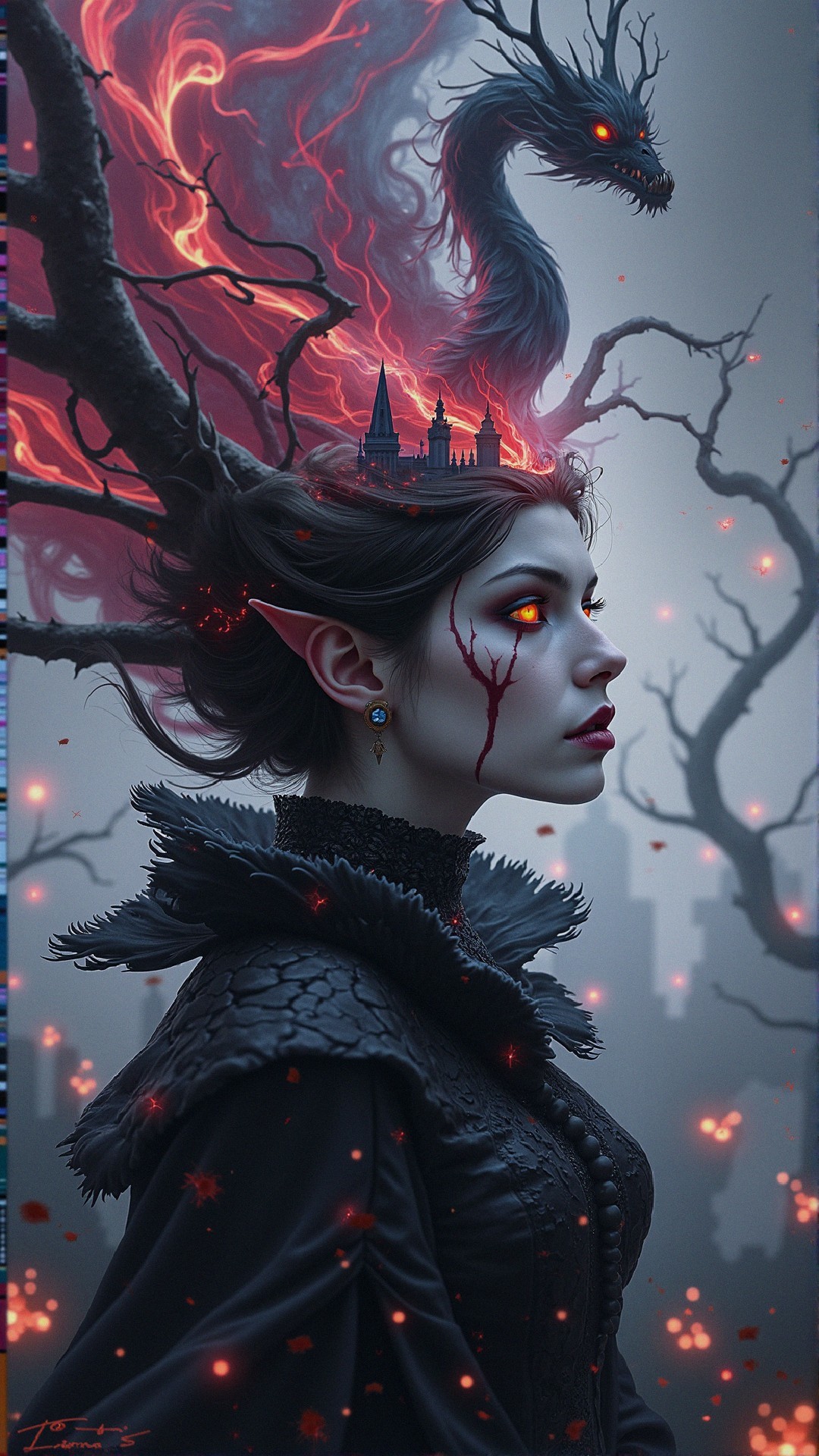 Elf-like figure with flames and shadowy dragon backdrop