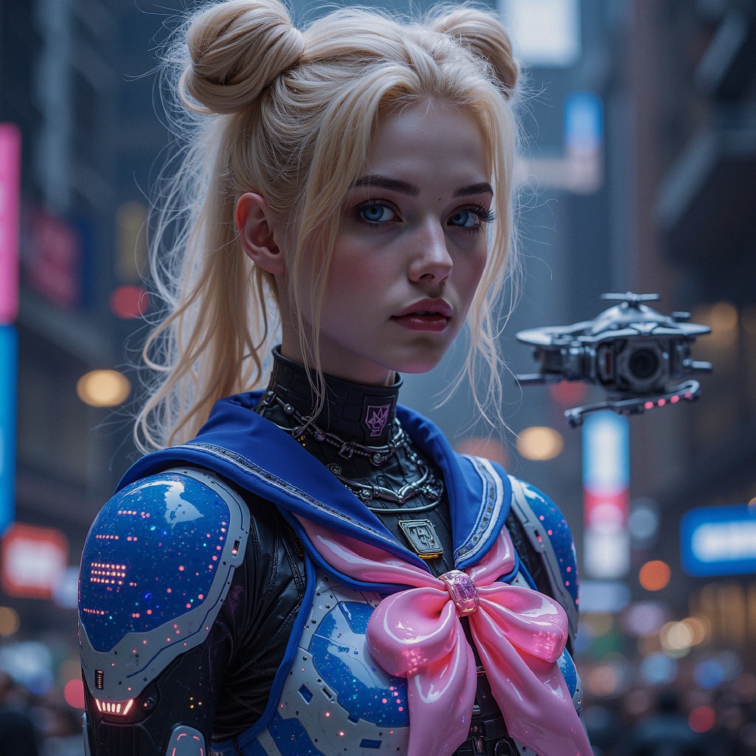 Futuristic figure in neon-lit city with high-tech outfit