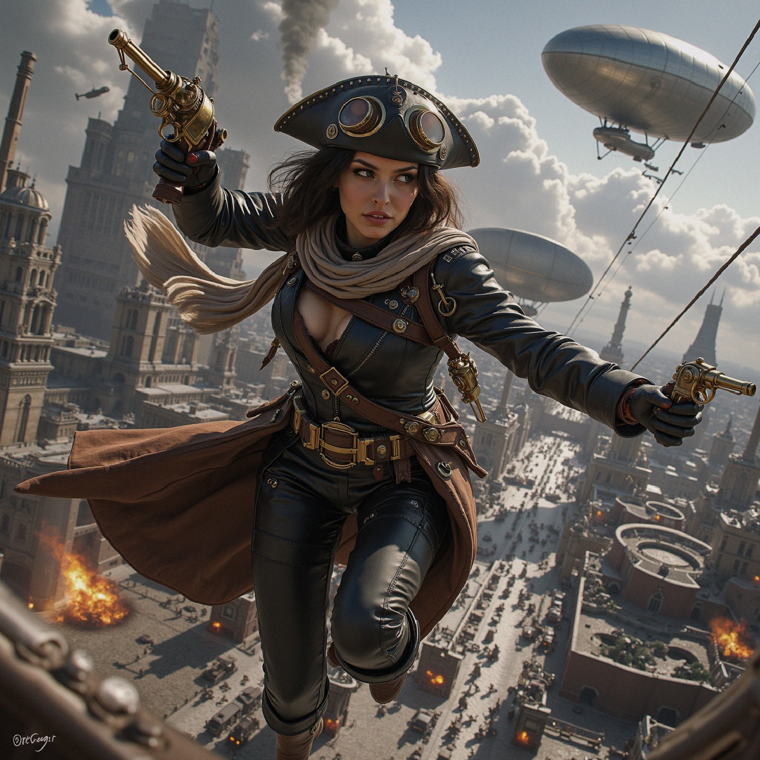 Steampunk Woman Leaping Through a Bustling Cityscape