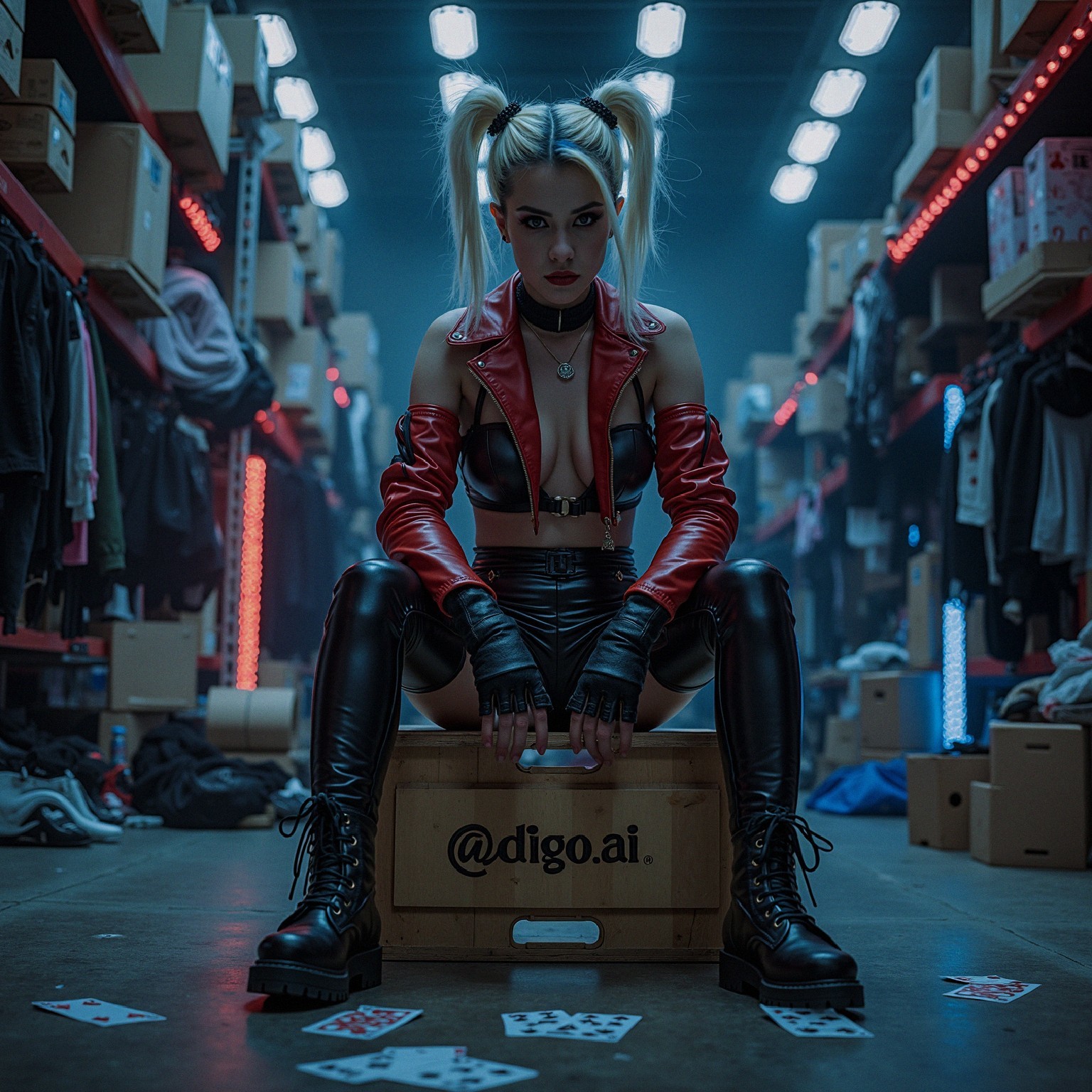 Confident Figure in Red Jacket in Dim Storage Space
