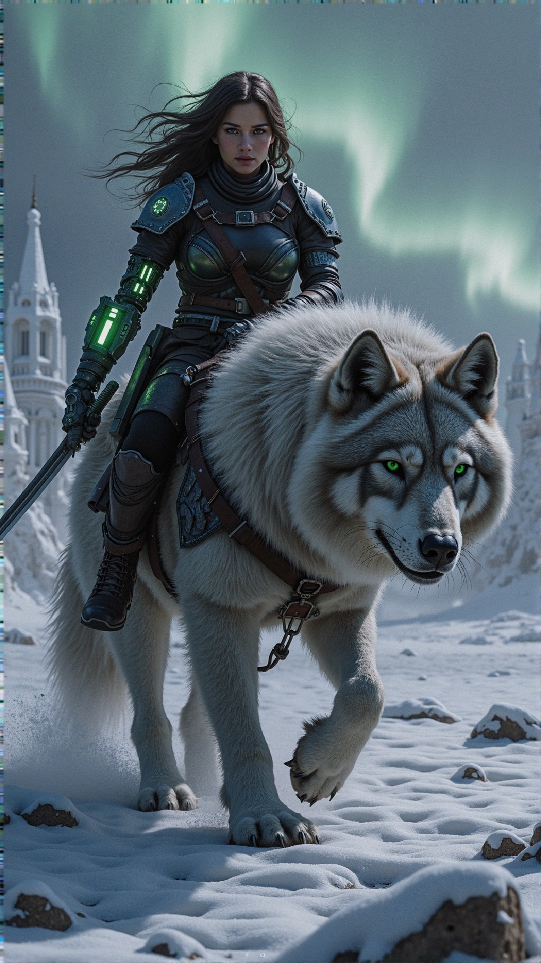 Warrior Woman on Wolf in Northern Lights Landscape