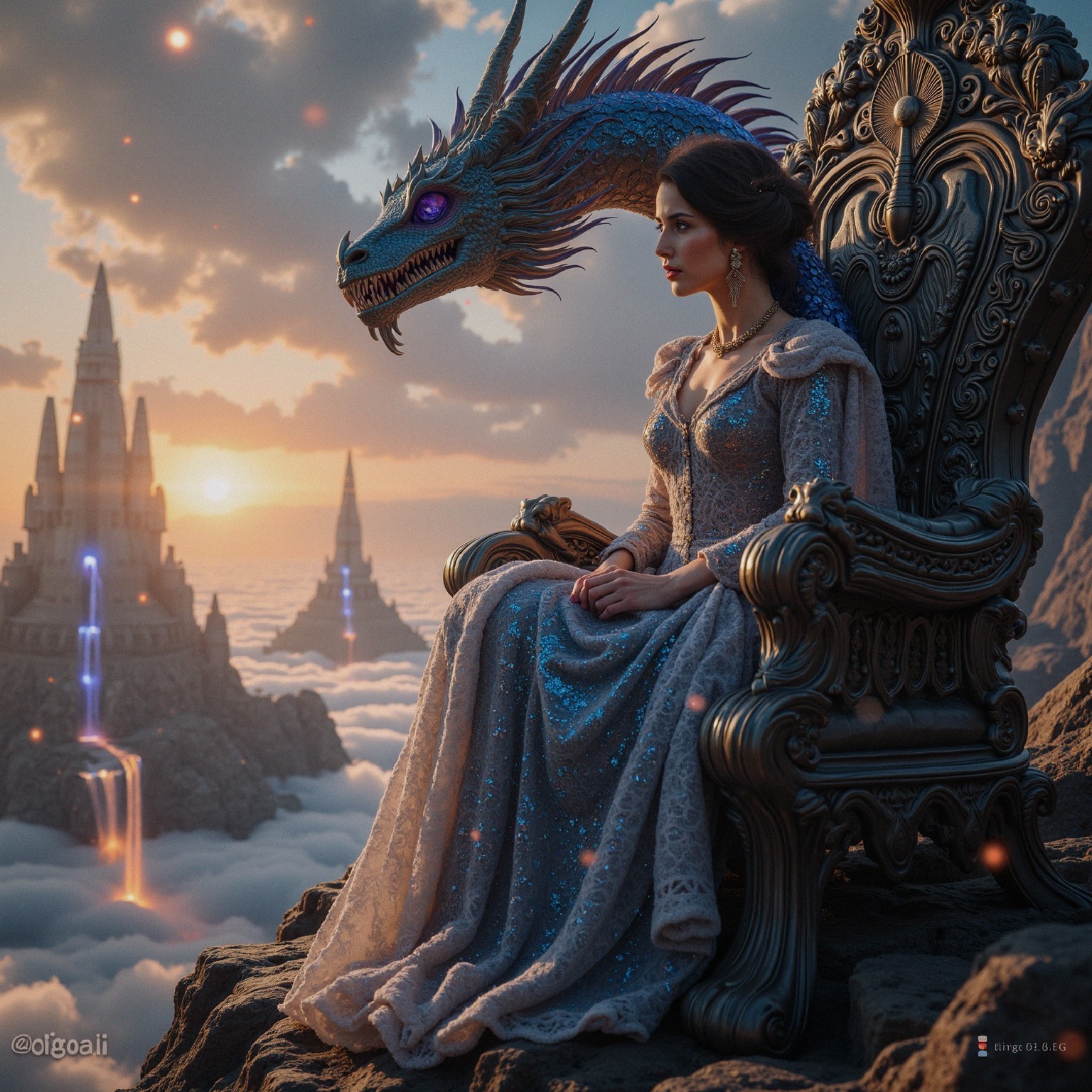 Regal woman on throne with dragon in twilight setting