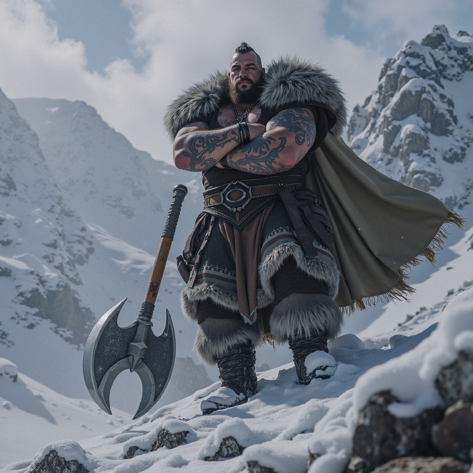 Warrior in Fur Armor with Double-Bladed Axe in Snowy Peaks