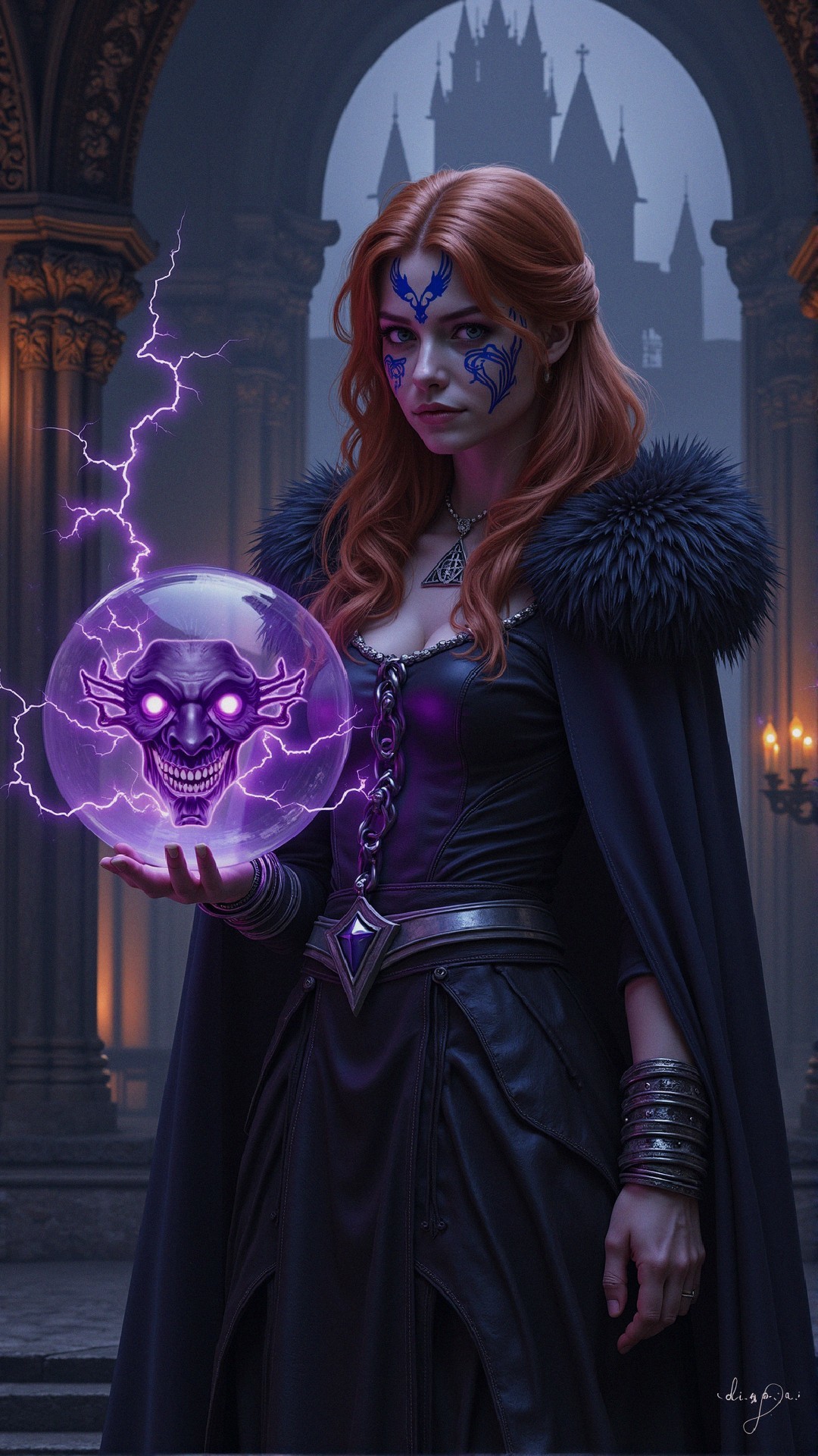 Mystical figure in dark robes with glowing crystal orb