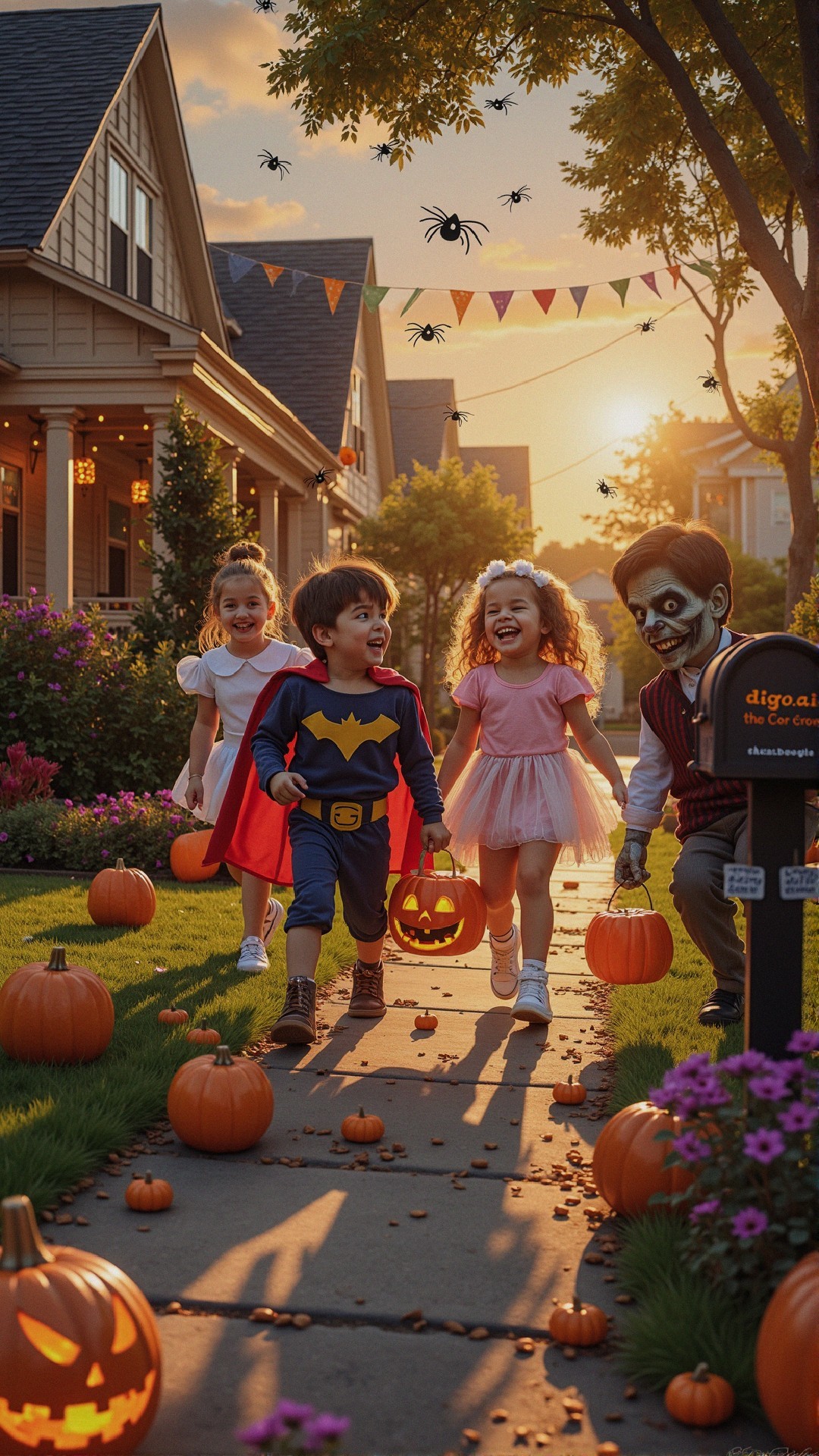 Colorful Halloween Scene with Costumed Children
