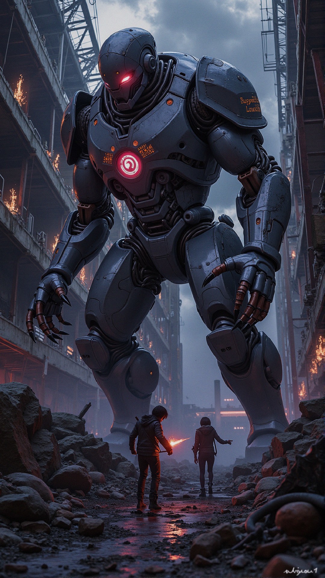 Dystopian Cityscape with Colossal Robot and Figures