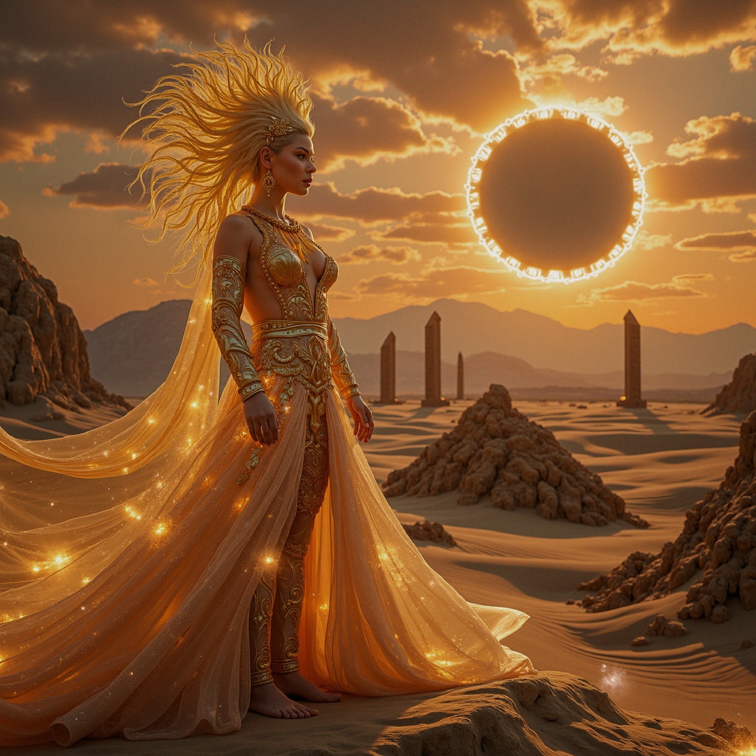 Majestic figure in golden attire in surreal desert landscape