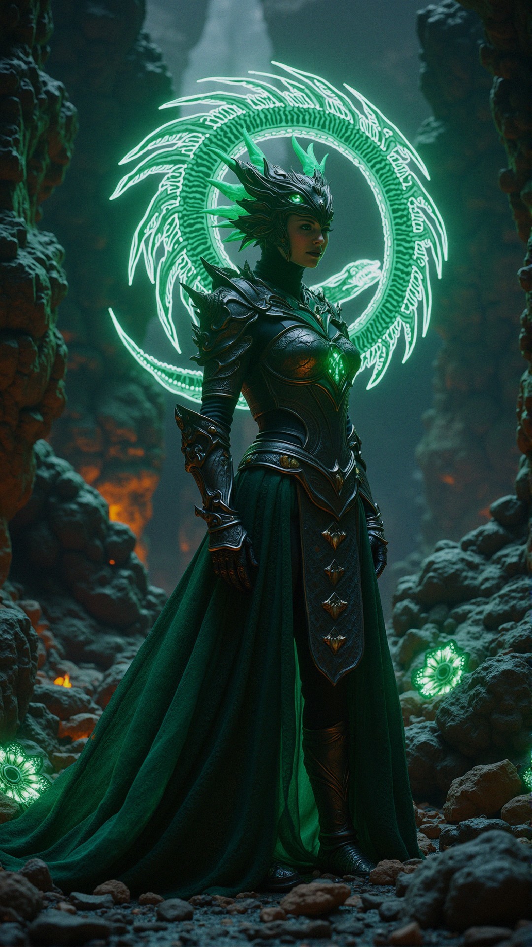 Majestic figure in dark armor within mystical cavern