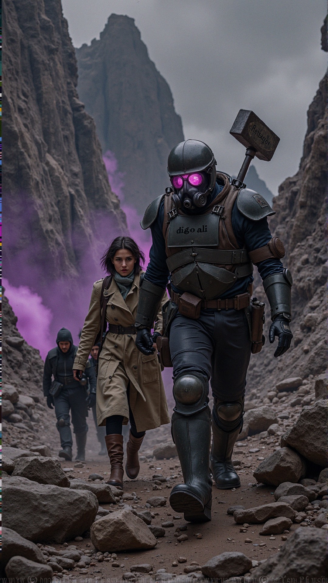 Travelers Navigate Rocky Gorge with Purple Smoke