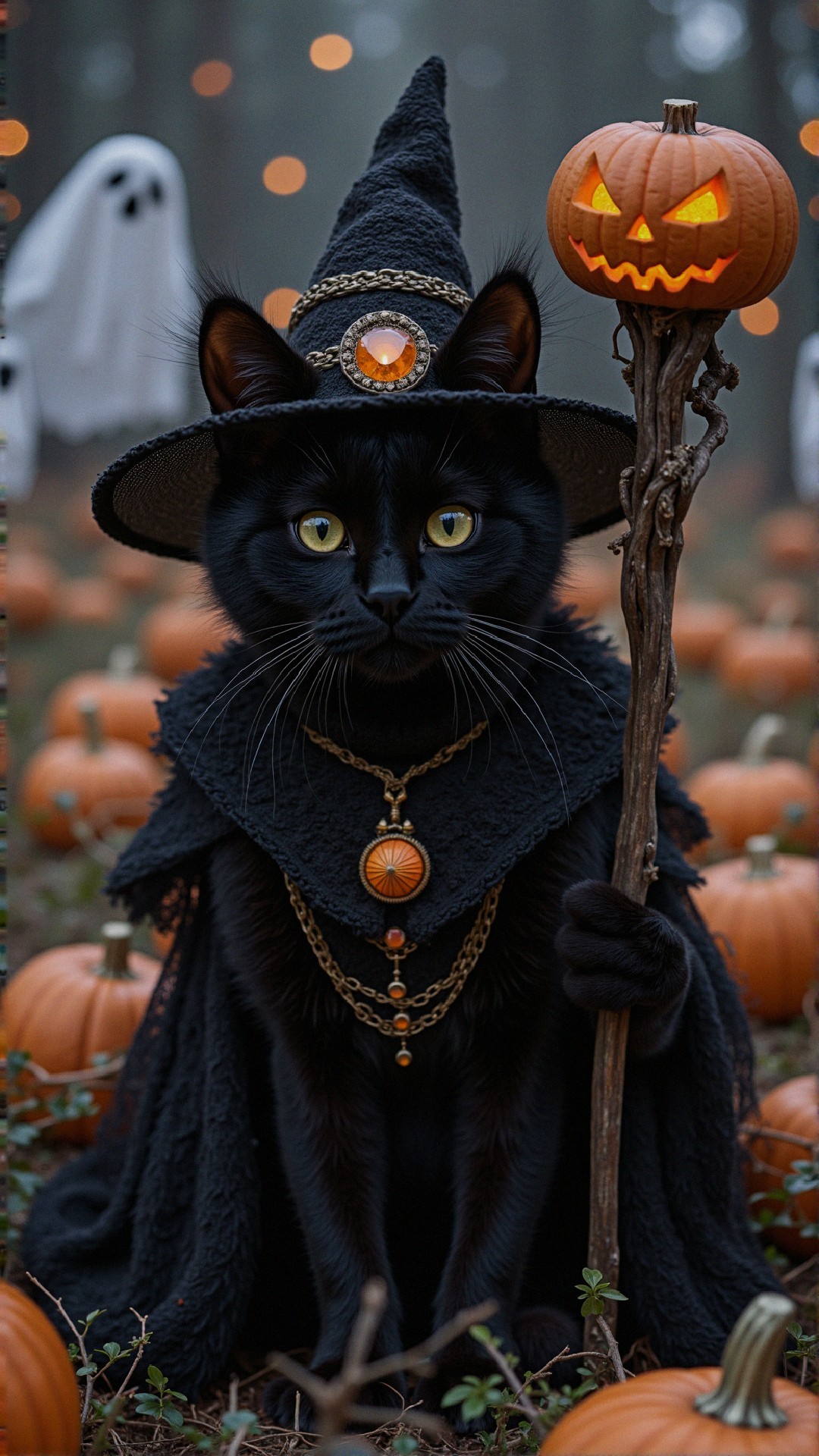 Black Cat Witch in Pumpkin Patch with Ghostly Figures