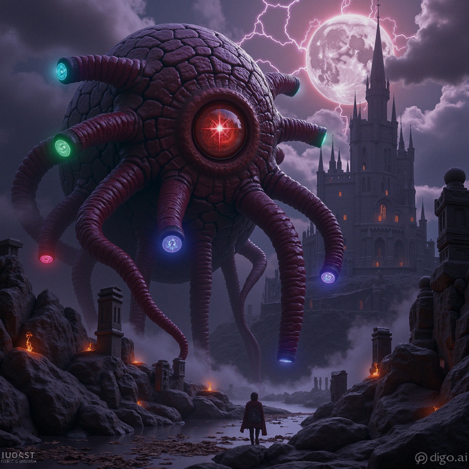 Colossal Tentacled Creature Over Rocky Landscape