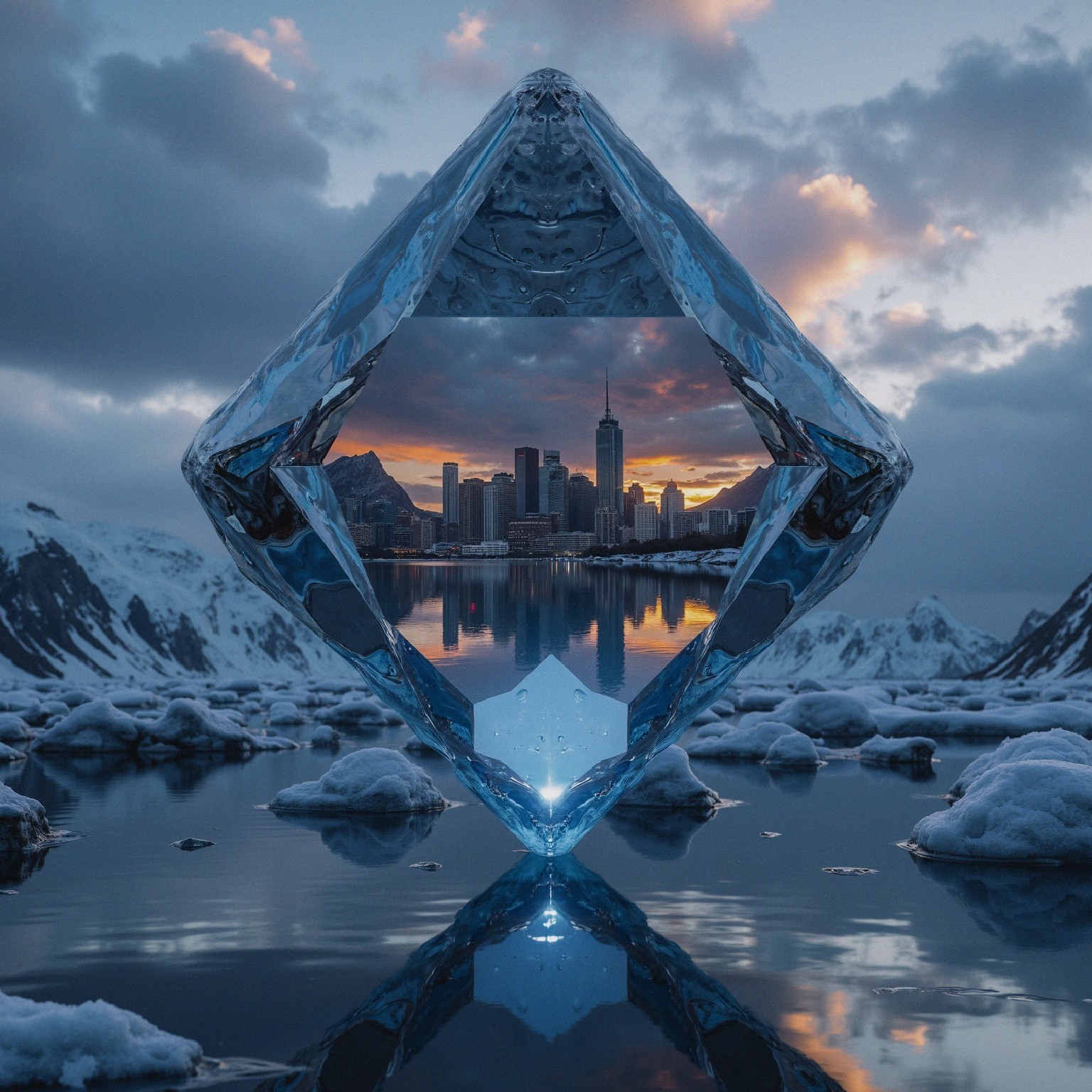 Crystal Structure with City Skyline and Mountains
