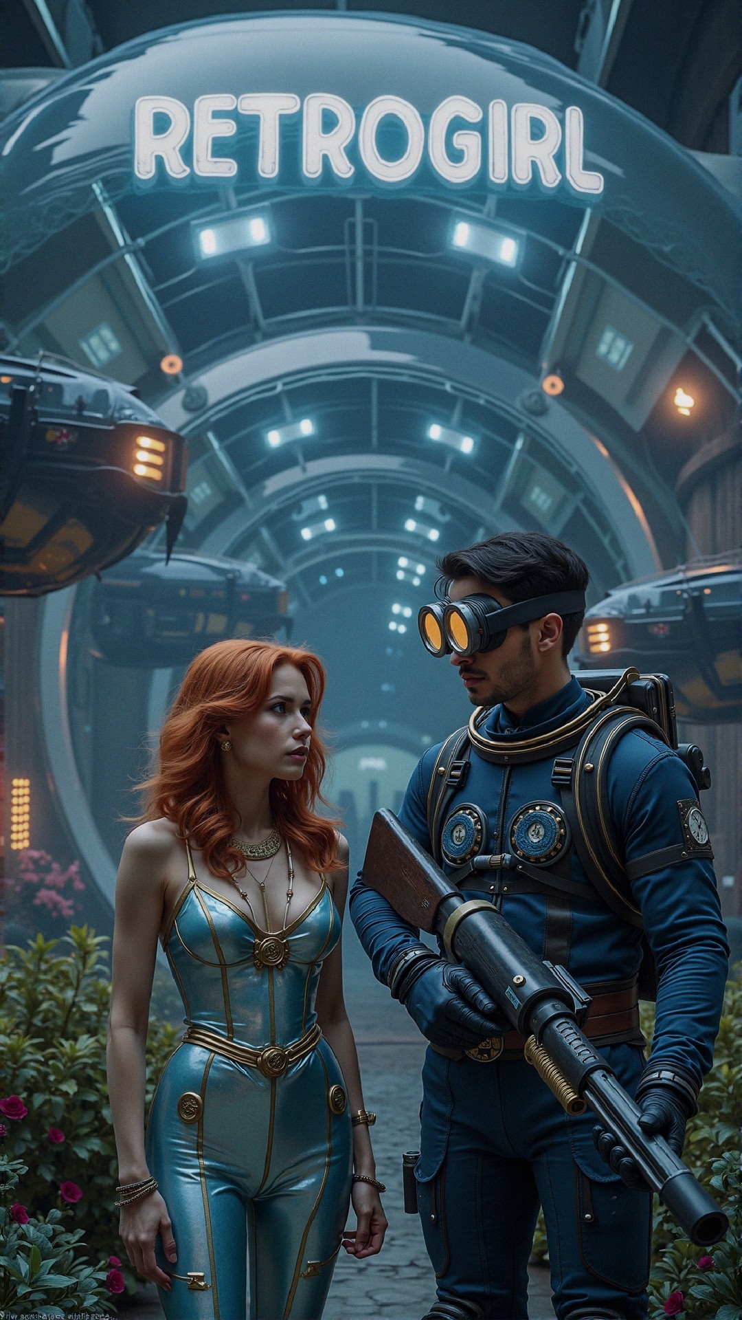 Futuristic Scene with Metallic Bodysuit and Neon Sign