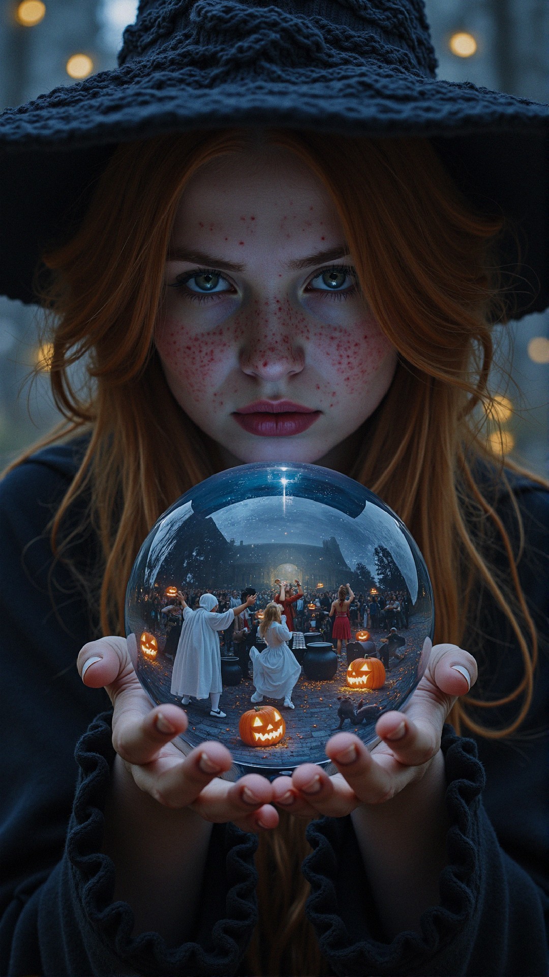 Young Woman in Witch Hat with Crystal Ball and Halloween Scene