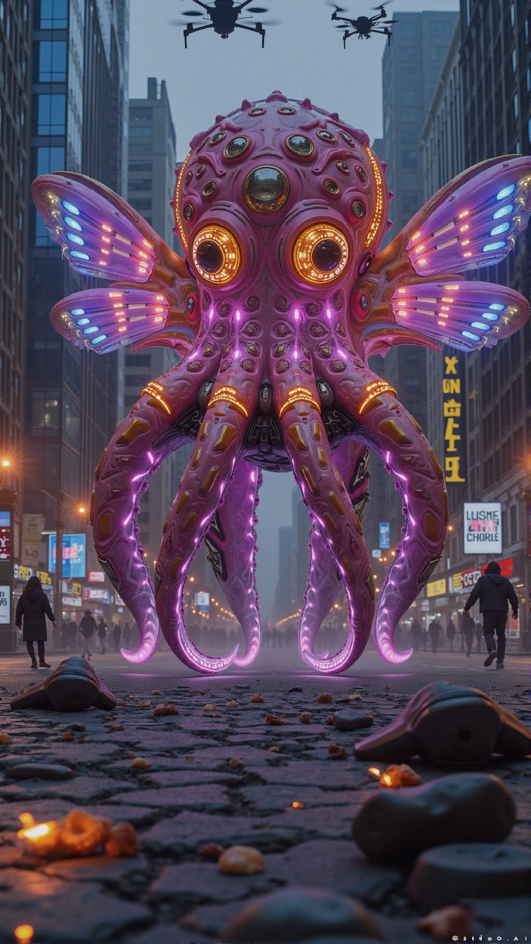 Neon-lit octopus dominates a foggy city street scene