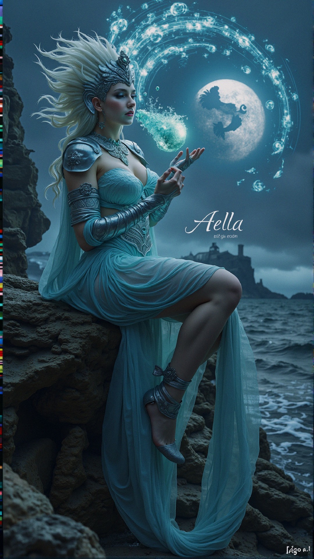 Mystical Figure in Aqua Fabric Under Moonlit Sky