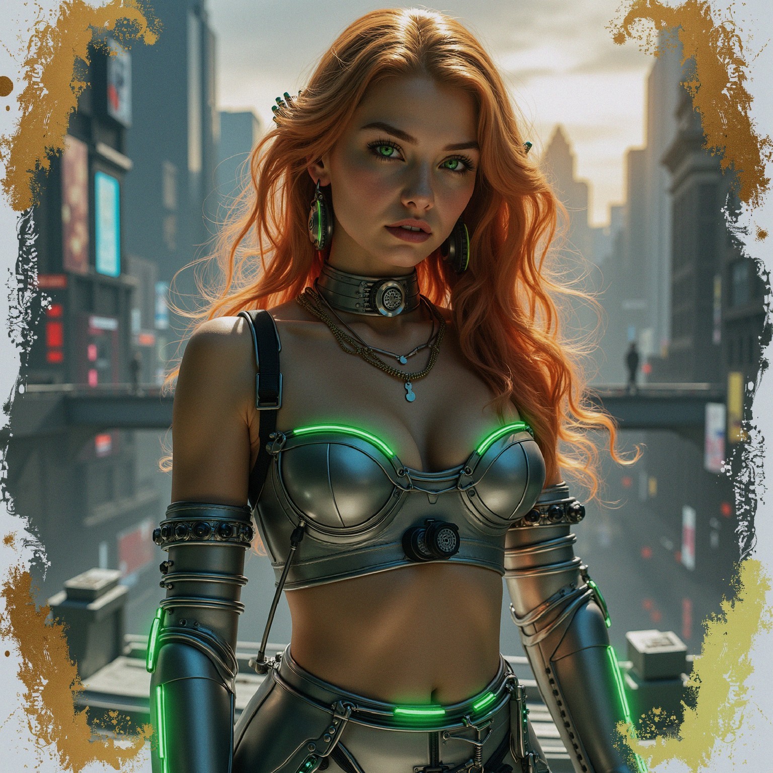 Futuristic Urban Scene with Red-Haired Woman