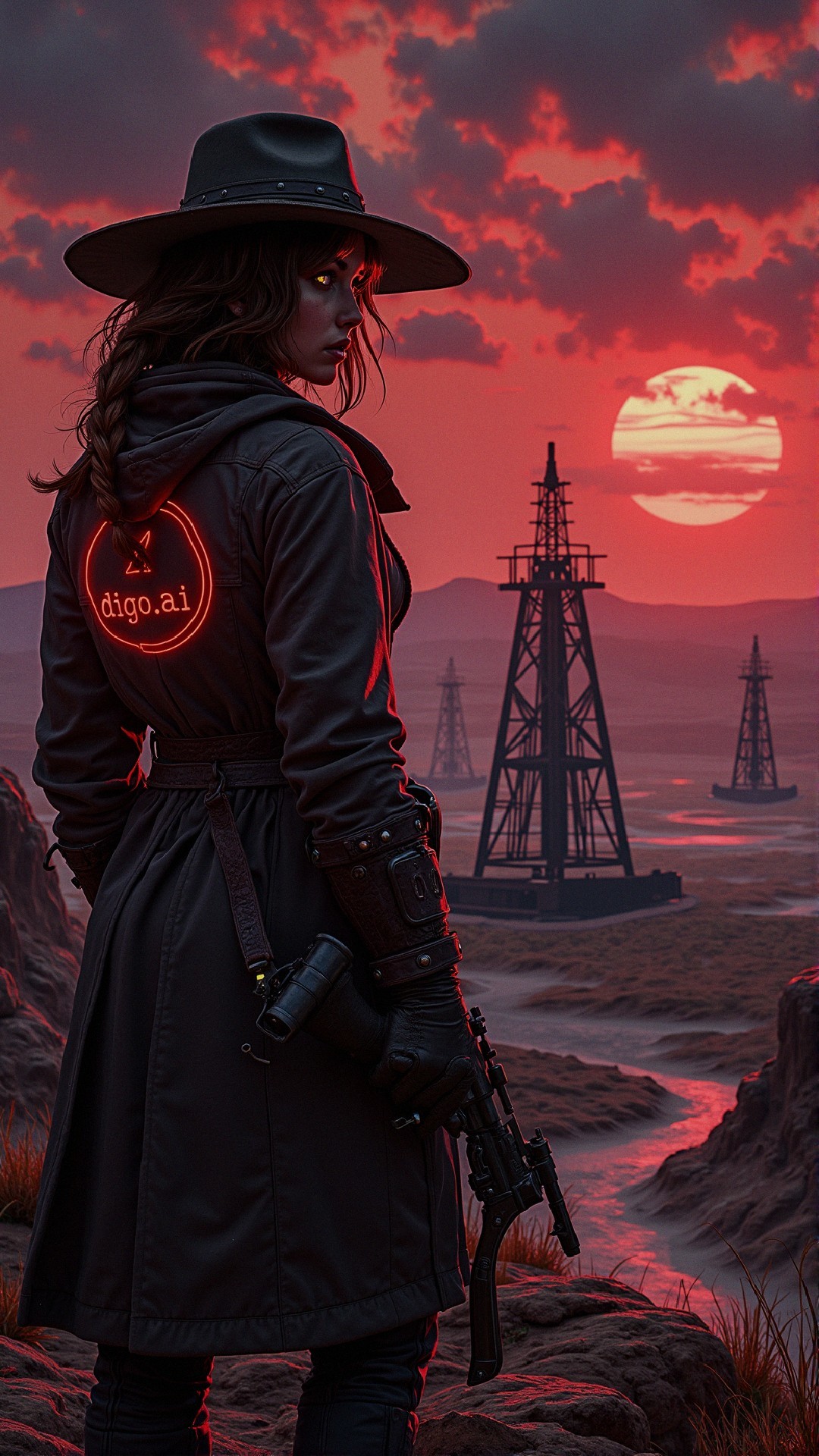 Mysterious Figure at Sunset with Oil Rigs Silhouette