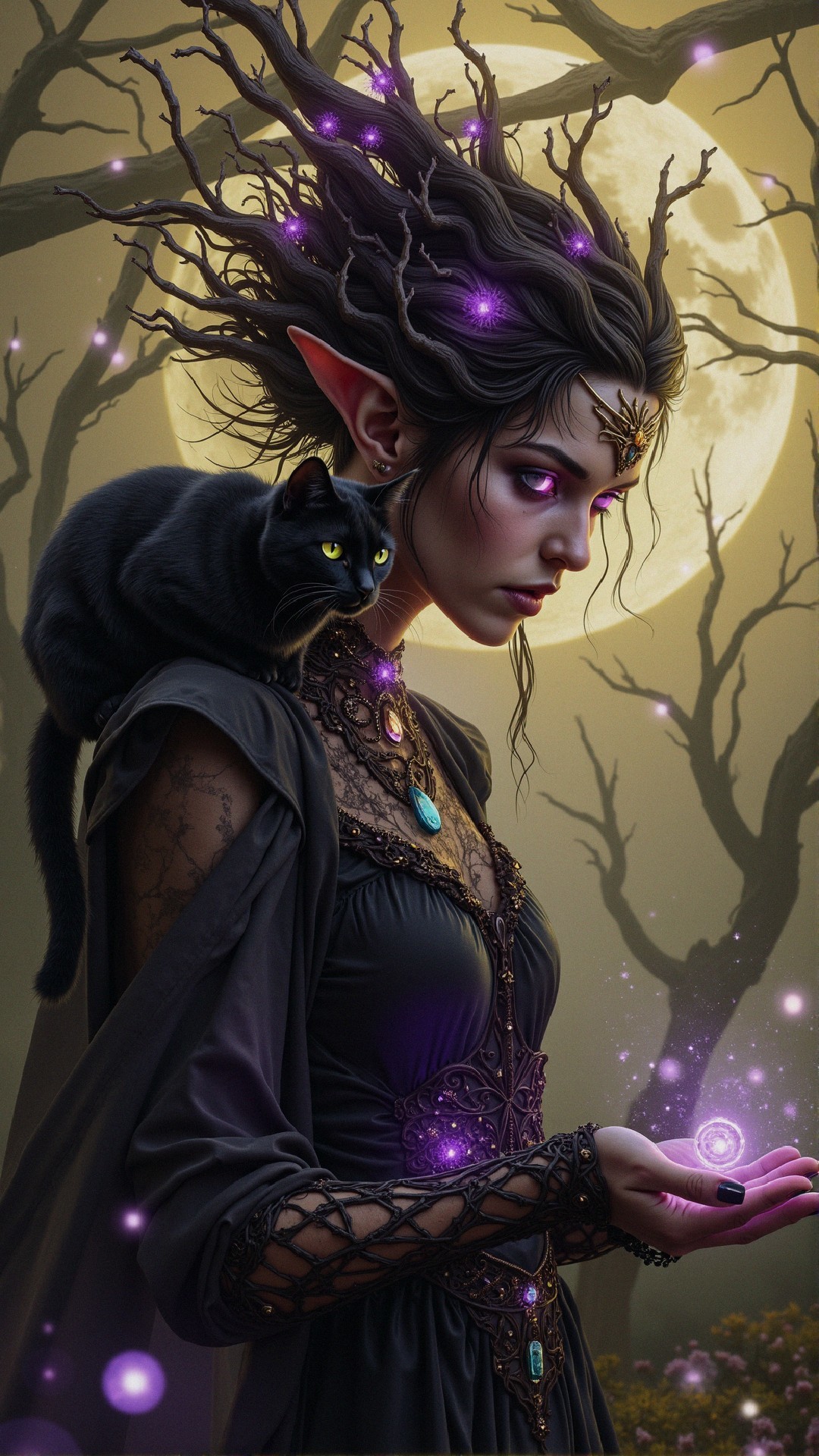 Elf in Moonlit Forest with Magical Elements
