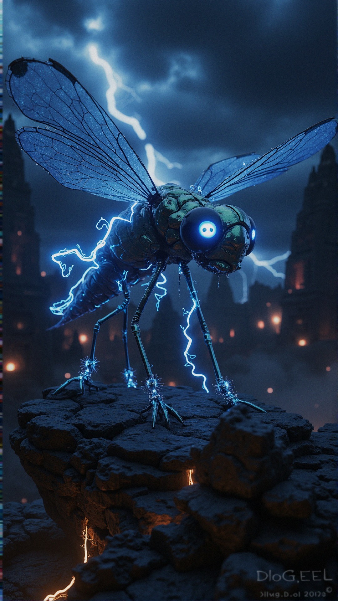 Futuristic robotic dragonfly on rocky surface with sparks