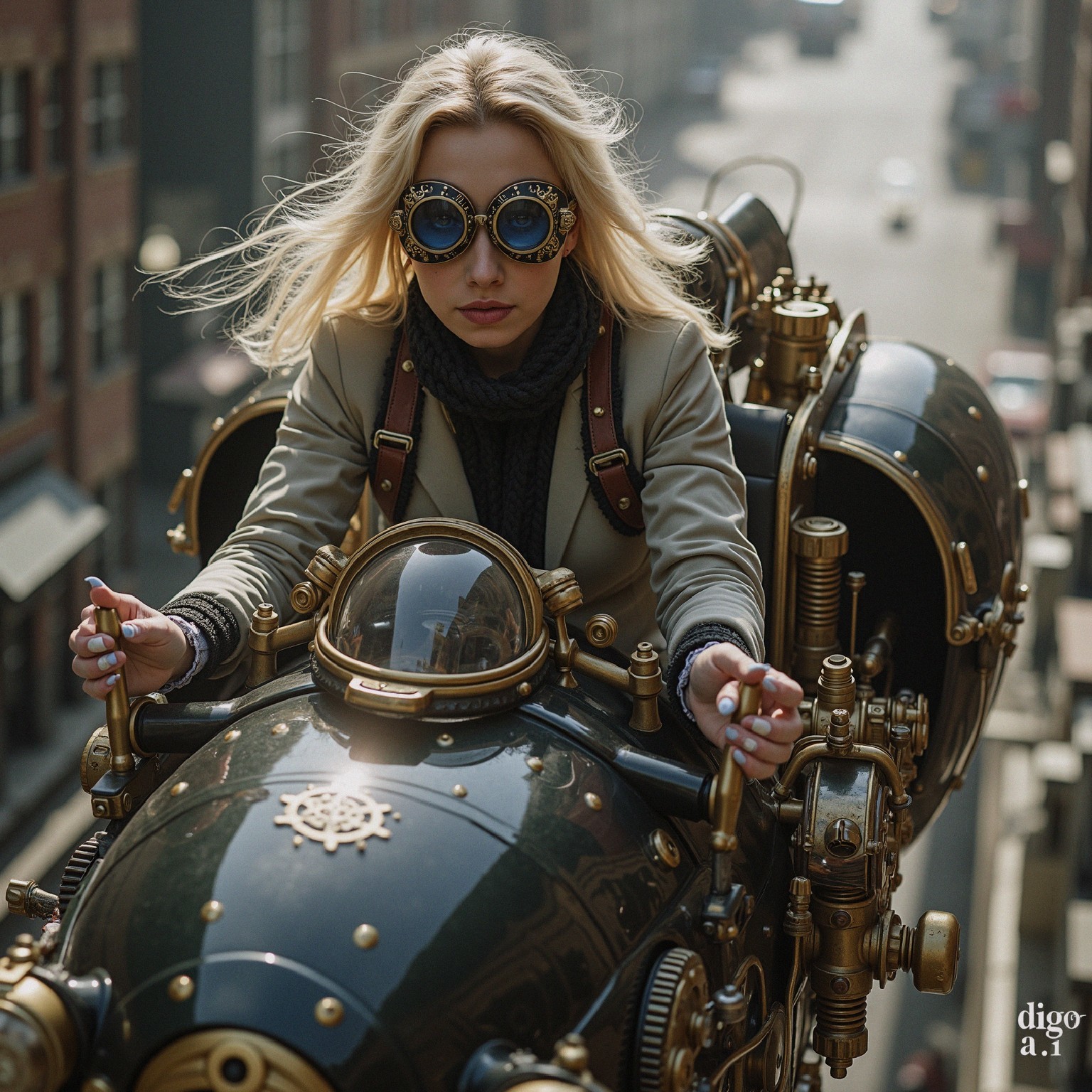 Stylish Woman on Steampunk Vehicle in Urban Setting