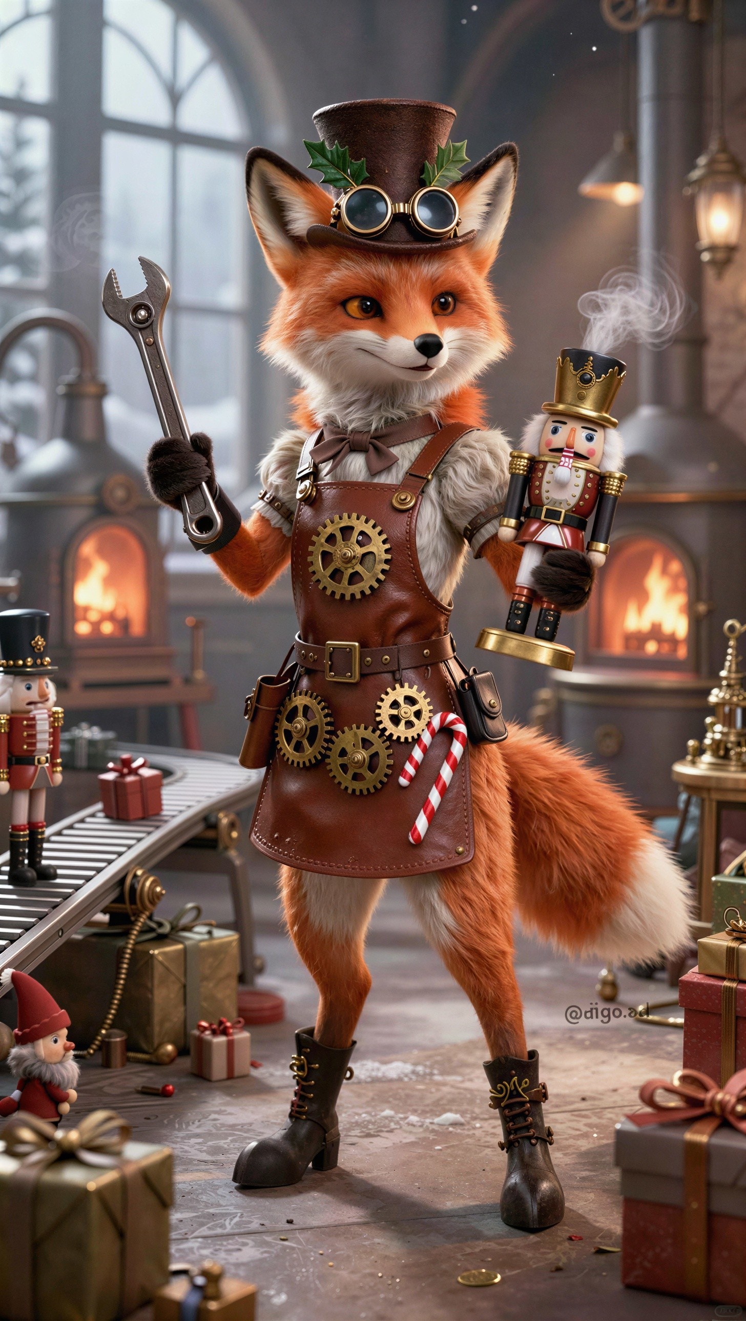Whimsical Fox Character in a Festive Workshop Setting