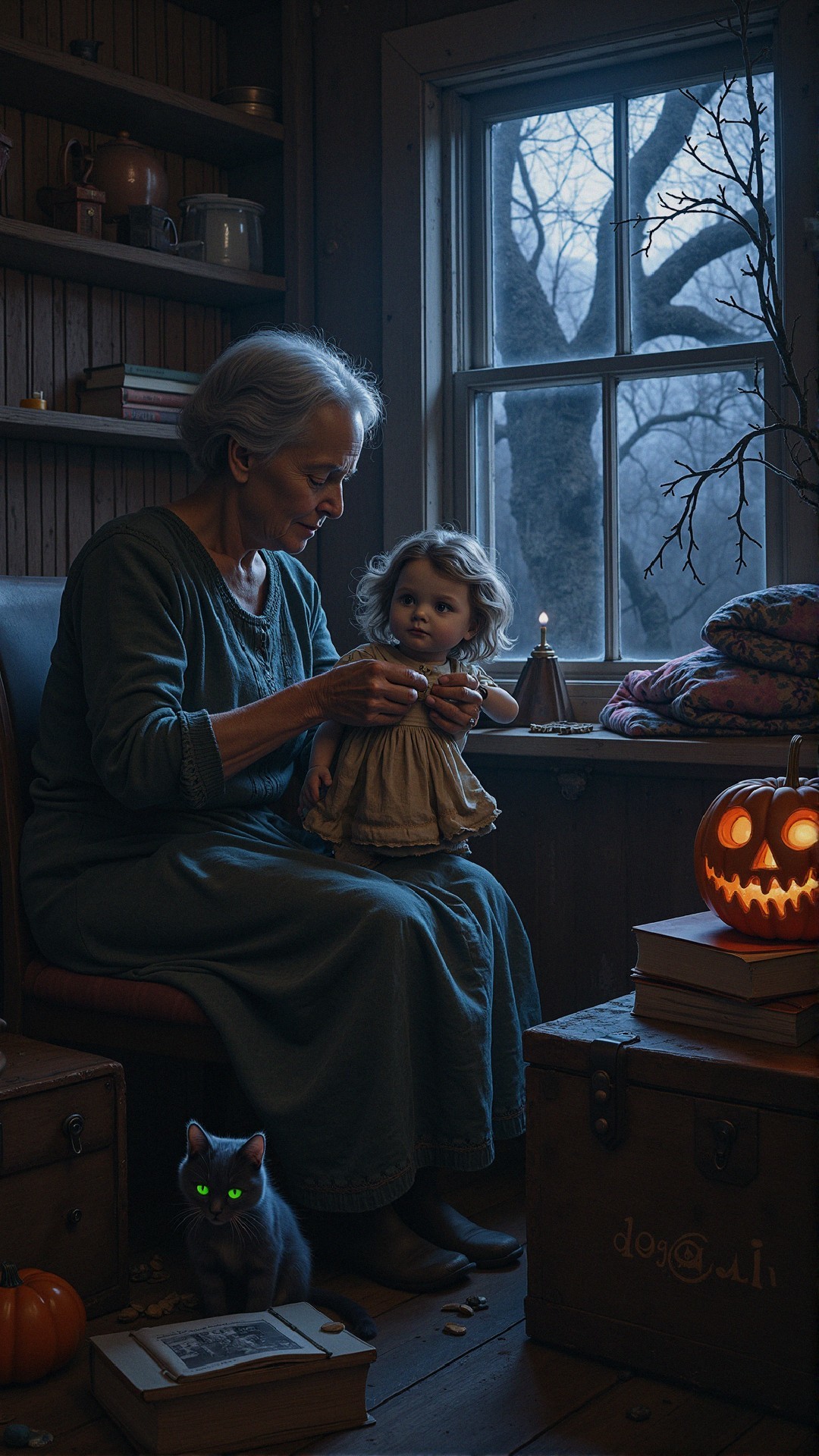 Elderly Woman with Doll in Cozy Halloween Setting