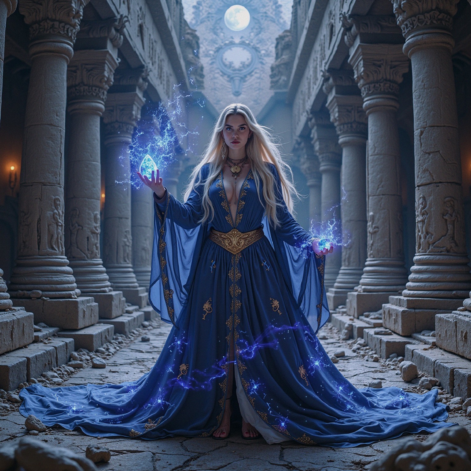 Sorceress in Moonlit Temple with Glowing Crystals